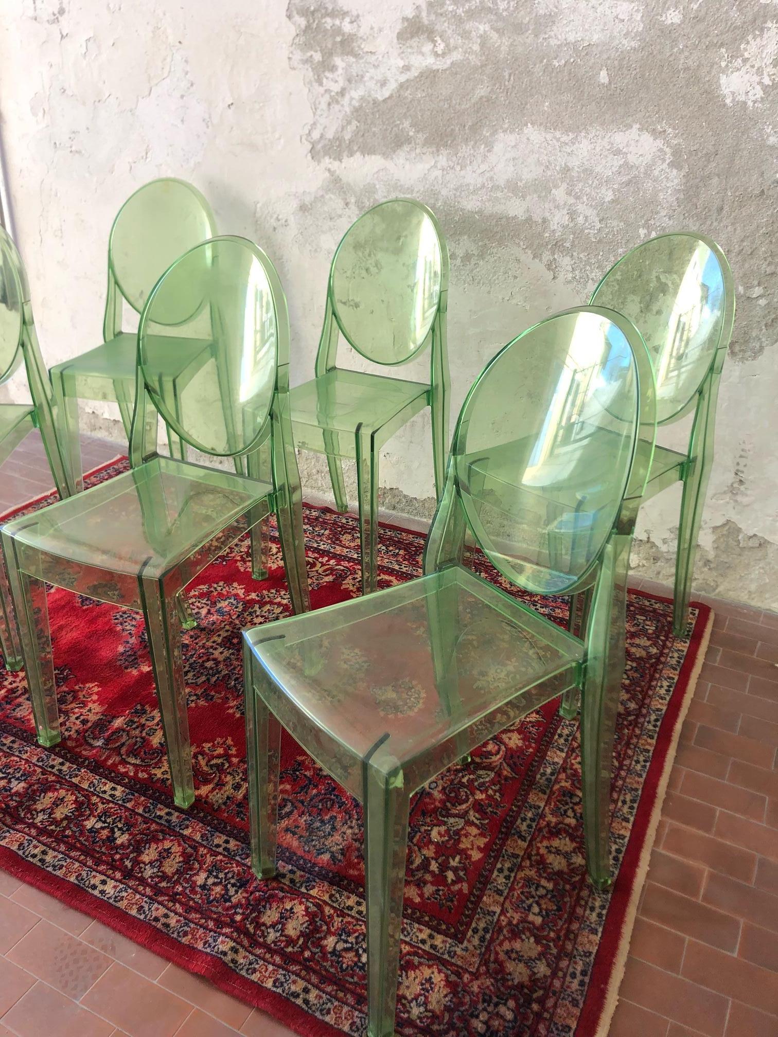 Set of 6 Green Transparent Chairs Ghost Kartell Designed by Starck, Used 2018 2