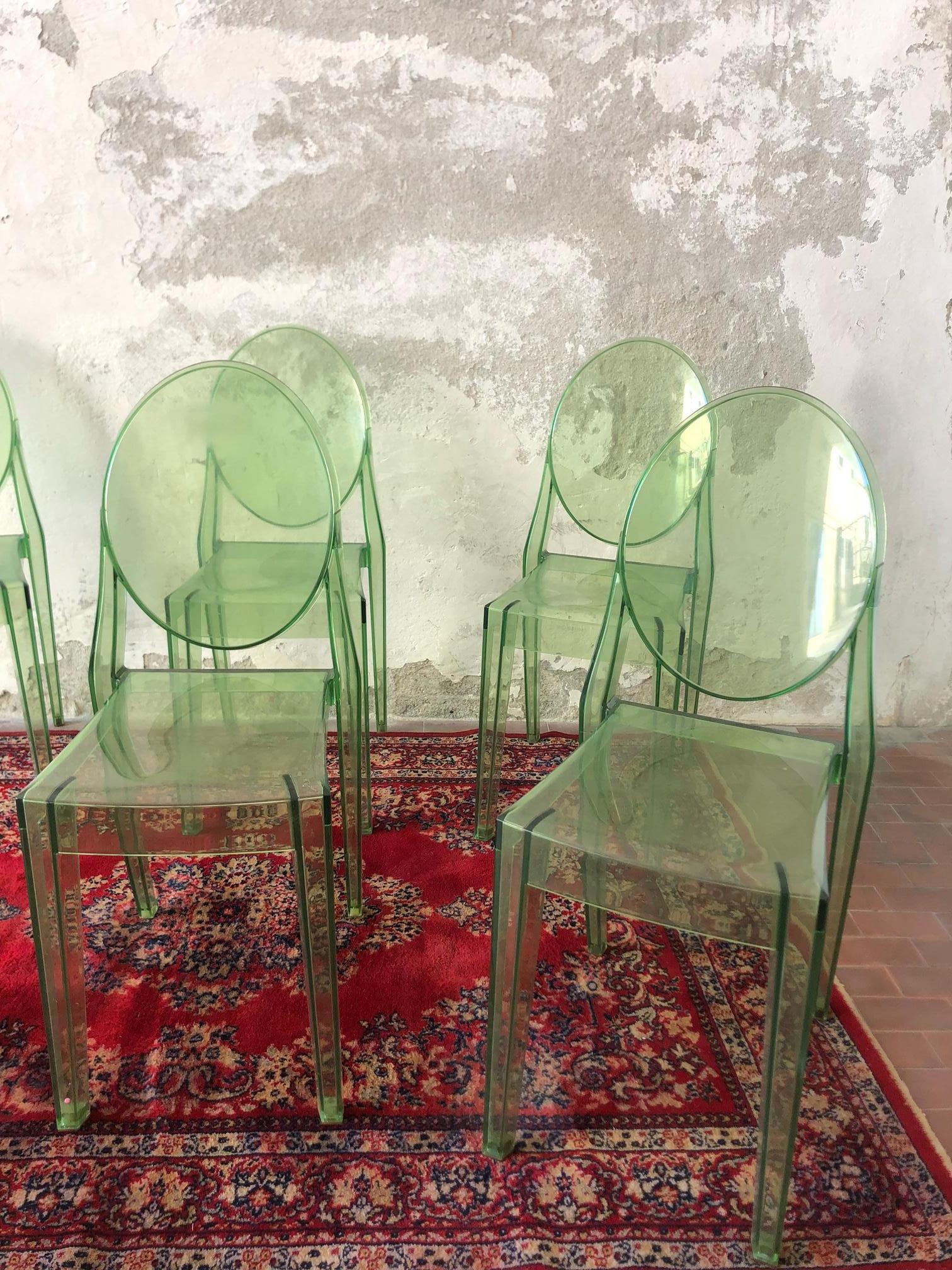 Set of 6 Green Transparent Chairs Ghost Kartell Designed by Starck, Used 2018 3