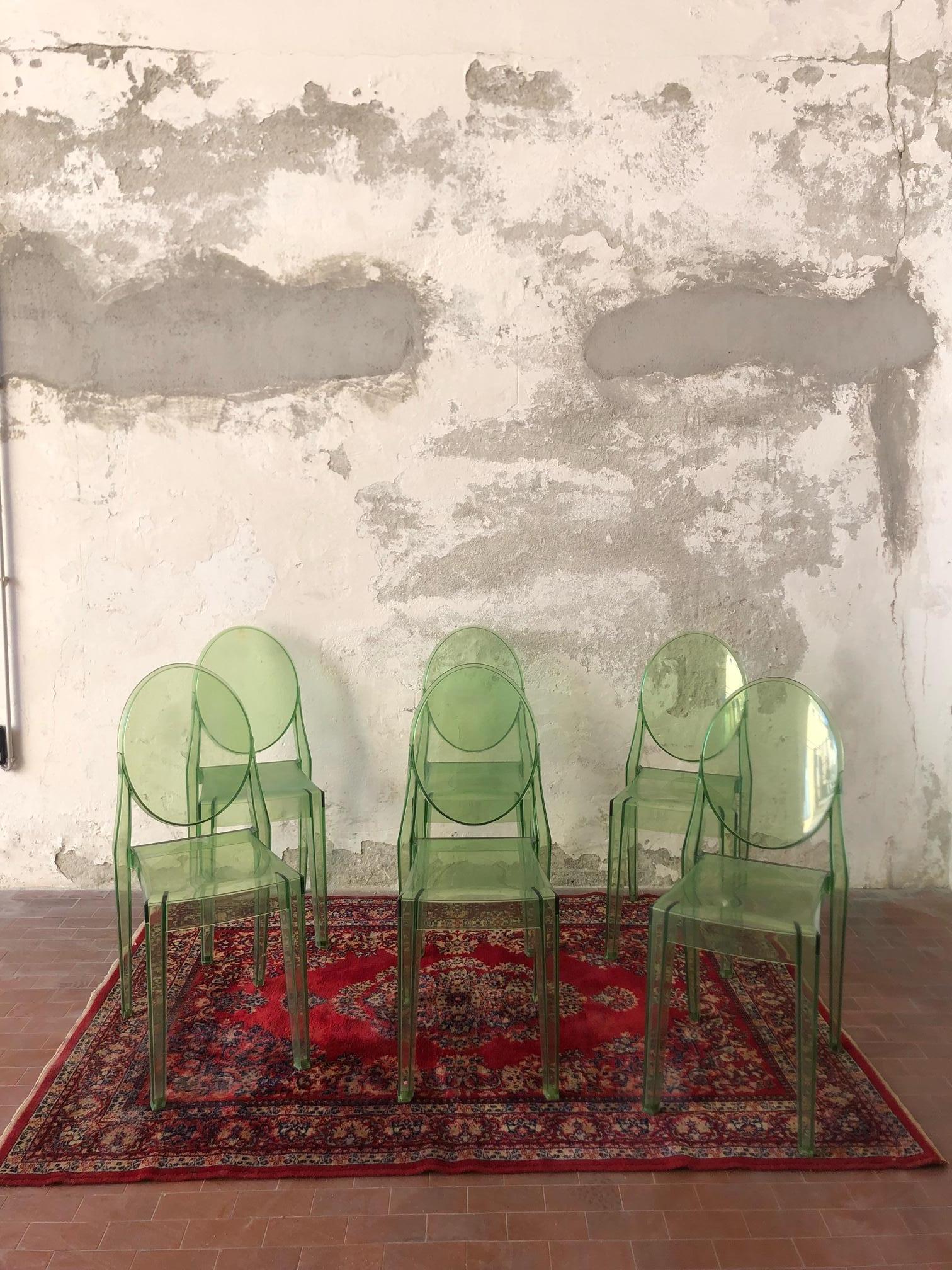 Set of 6 Green Transparent Chairs Ghost Kartell Designed by Starck, Used 2018 4