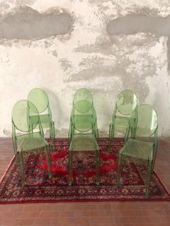 Set of 6 Green Transparent Chairs Ghost Kartell Designed by Starck, Used 2018