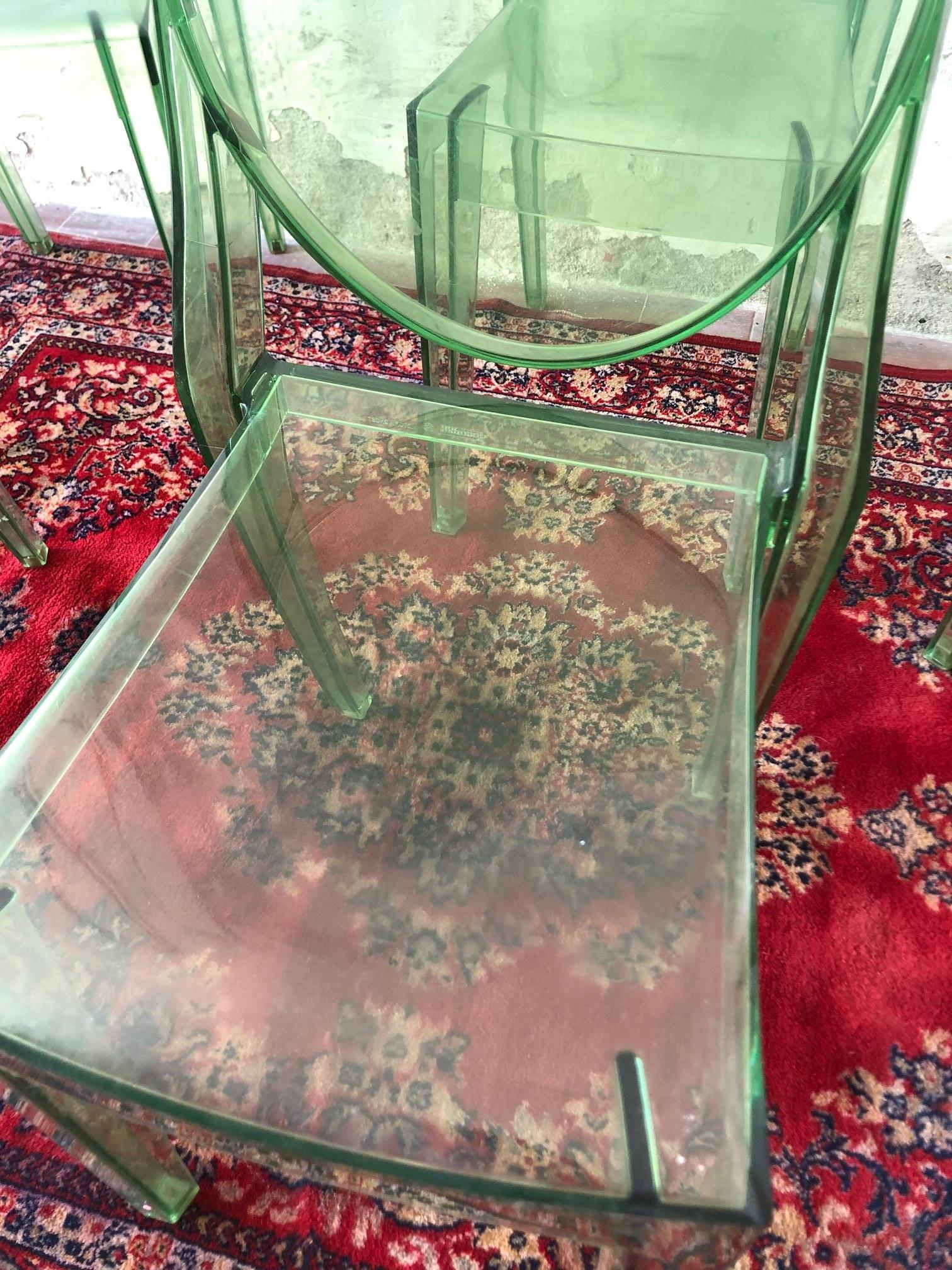 Italian Set of 6 Green Transparent Chairs Ghost Kartell Designed by Starck, Used 2018