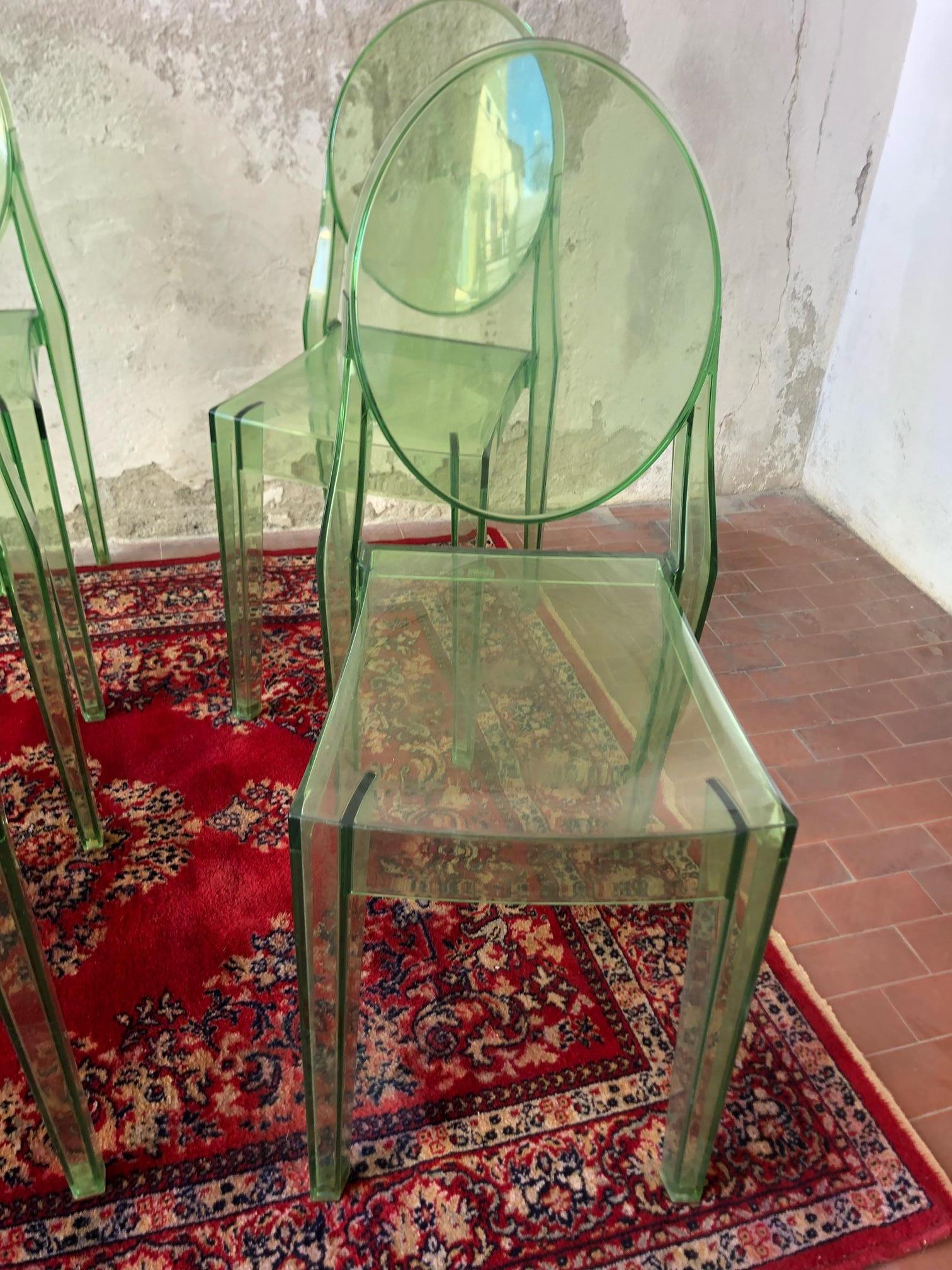 Set of 6 Green Transparent Chairs Ghost Kartell Designed by Starck, Used 2018 In Good Condition In Cuneo, Italy (CN)