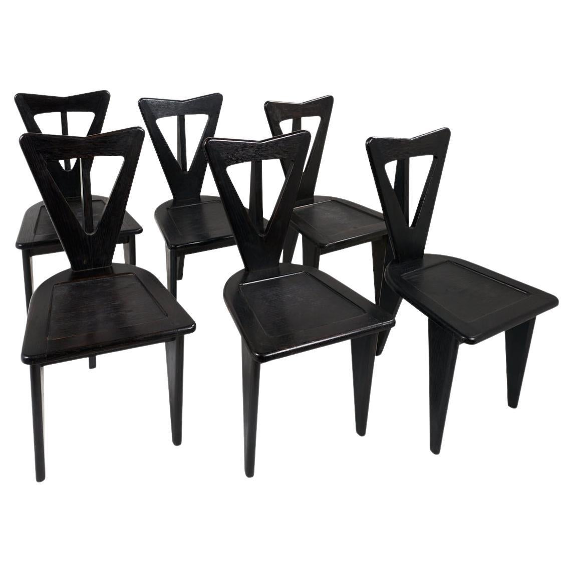 Set of 6 Guillerme et Chambron Side Chairs, Ebonized Oak, Rare For Sale