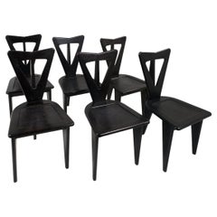 Vintage Set of 6 Guillerme et Chambron Side Chairs, Ebonized Oak, Rare