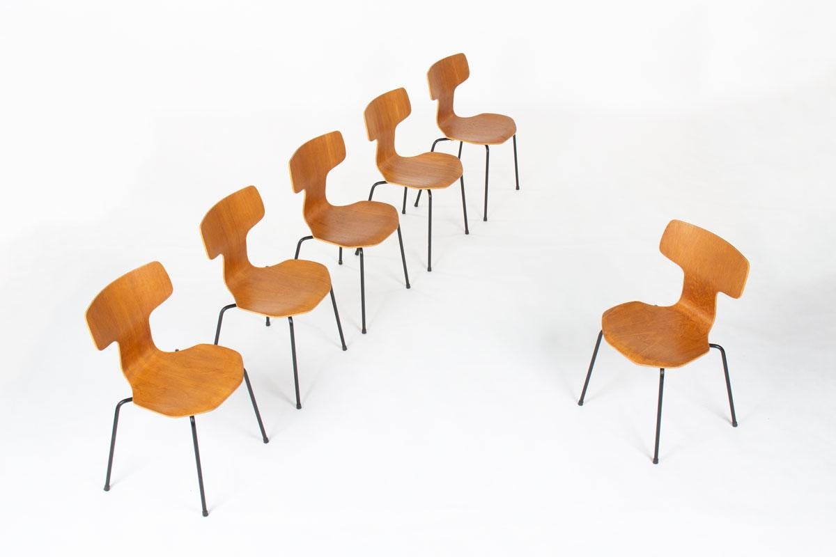 Satz von 6 Stühlen des dänischen Designers Arne Jacobsen für Fritz Hansen (signiert unter dem Sitz, siehe Abbildung)
Modell Hammer auch bekannt als 3103
Schwarzes Metallrohrgestell, Sitz aus Teakholzfurnier 
