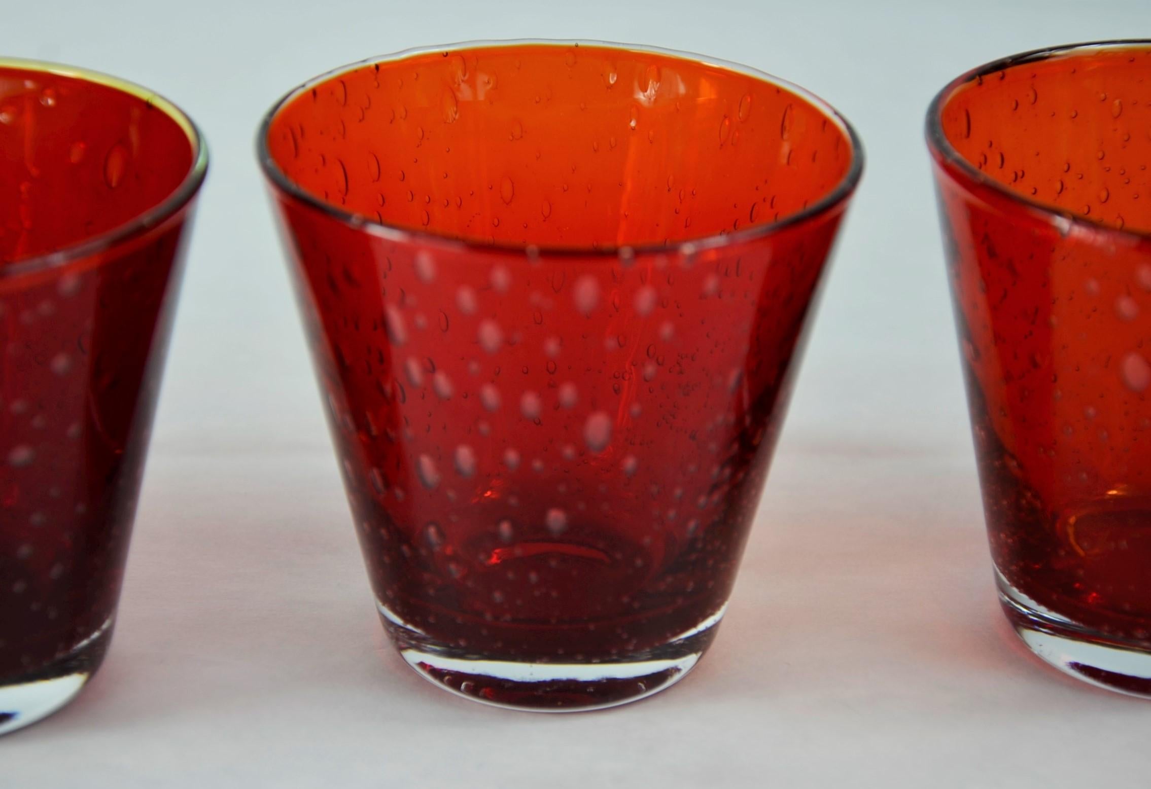 Blown Glass Set of 6 Hand Blown Murano Red Cased Bubble Controlled Cocktail Drinks Glasses