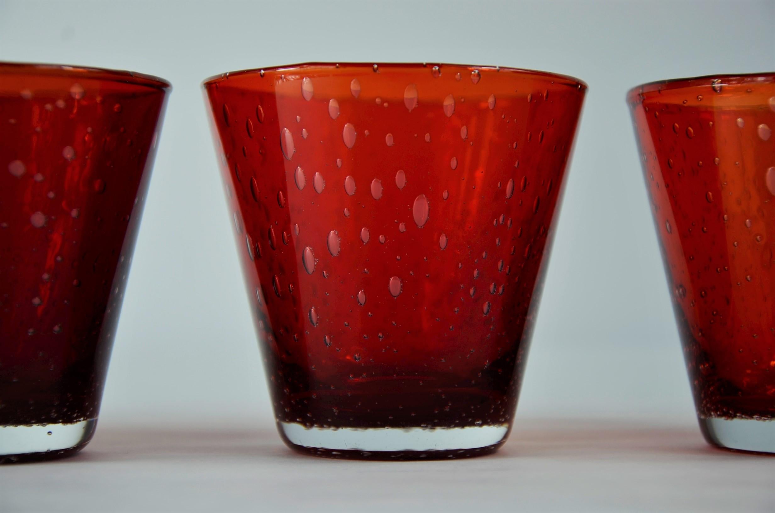 Set of 6 Hand Blown Murano Red Cased Bubble Controlled Cocktail Drinks Glasses 7