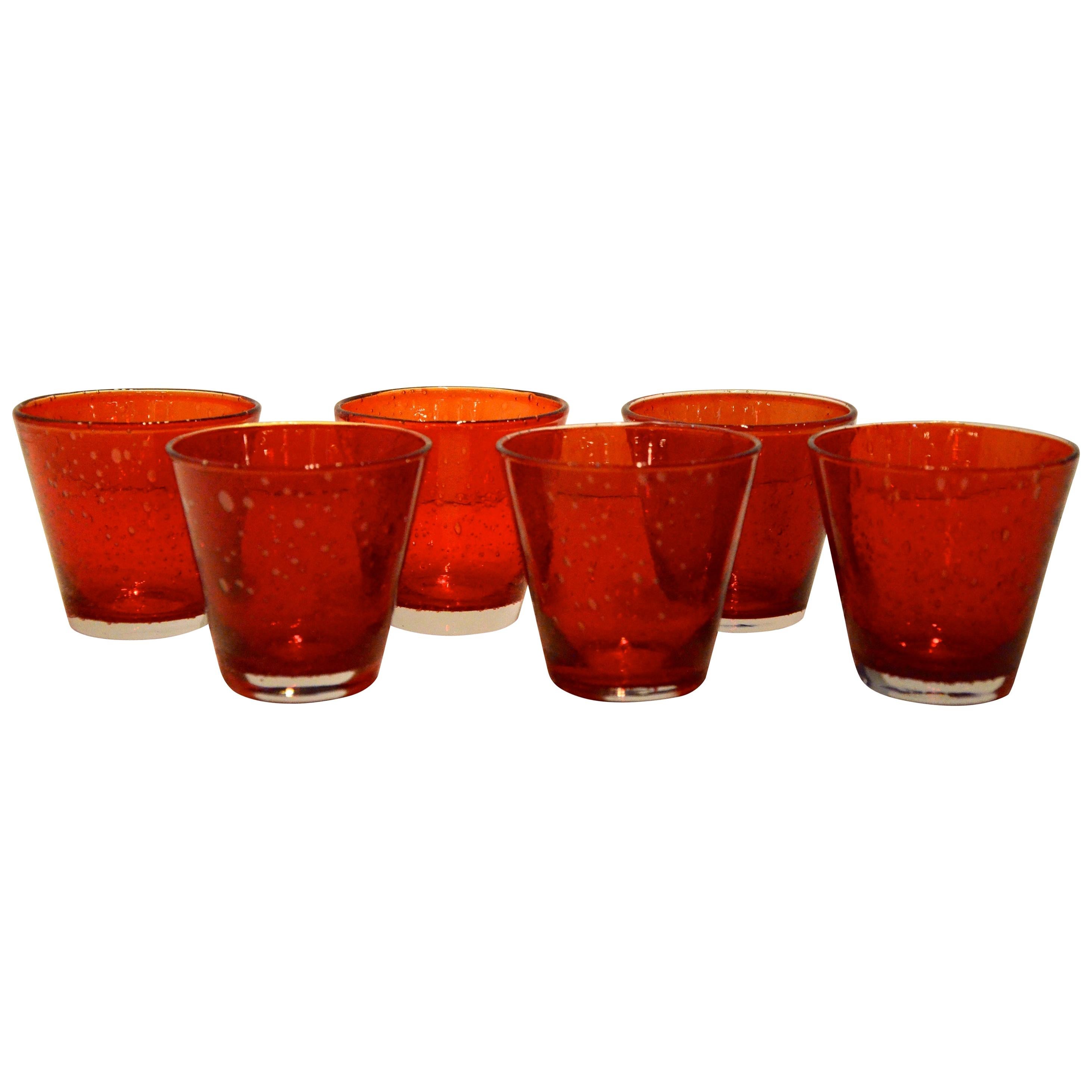 Set of 6 Hand Blown Murano Red Cased Bubble Controlled Cocktail Drinks Glasses