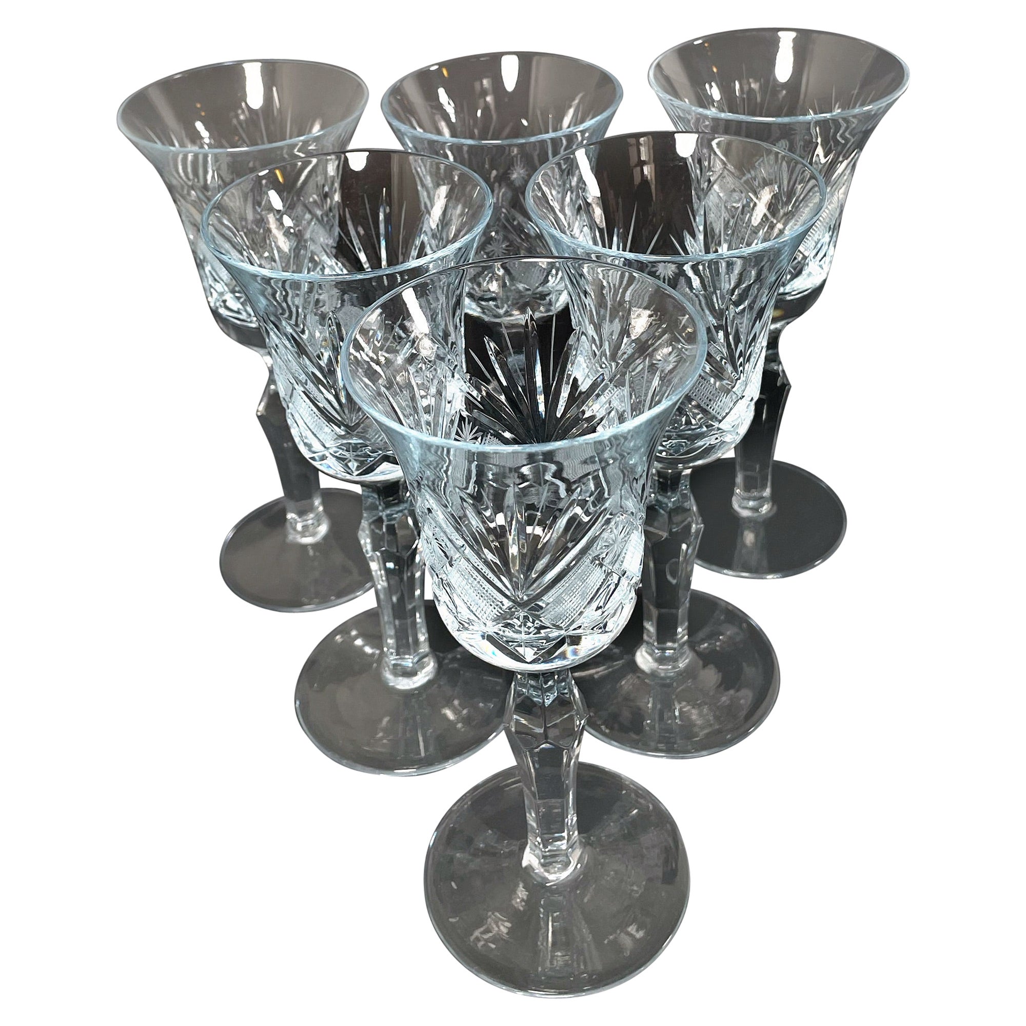 Satz von 6 handgeschliffenen böhmischen Kristallweingläsern, 1980er Jahre