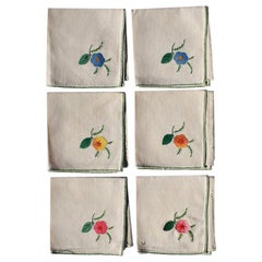 Vintage Set of 6 Hand Embroidered Floral Cloth Dinner Napkins in Blue Green Pink Orange