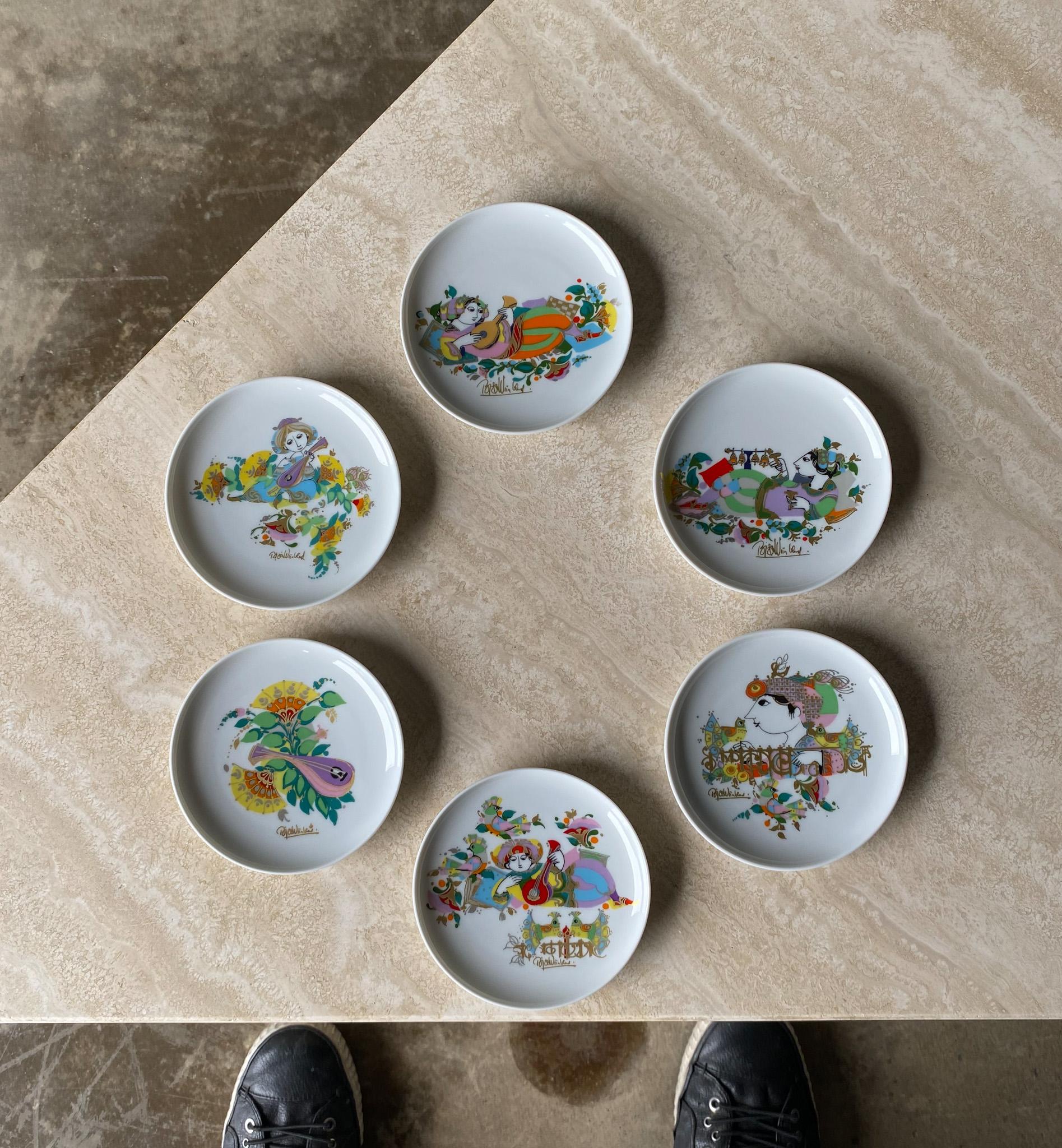 Set of 6 Hand Painted Dishes by Bjorn Winblad for Rosenthal, 1970s For Sale 2