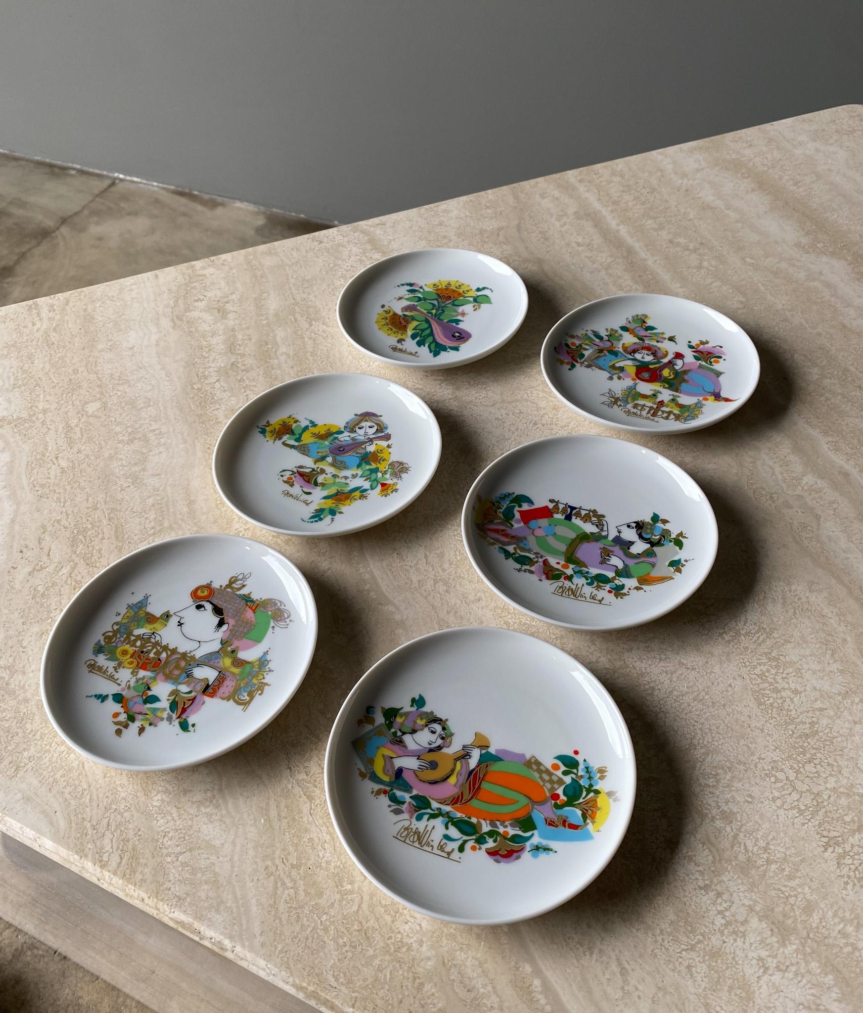 Set of 6 Hand Painted Dishes by Bjorn Winblad for Rosenthal, 1970s For Sale 6