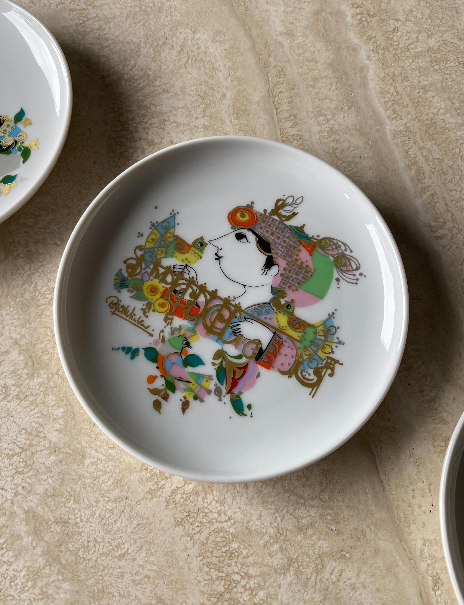 German Set Of 6 Hand Painted Dishes By Bjorn Winblad For Rosenthal 1970s.