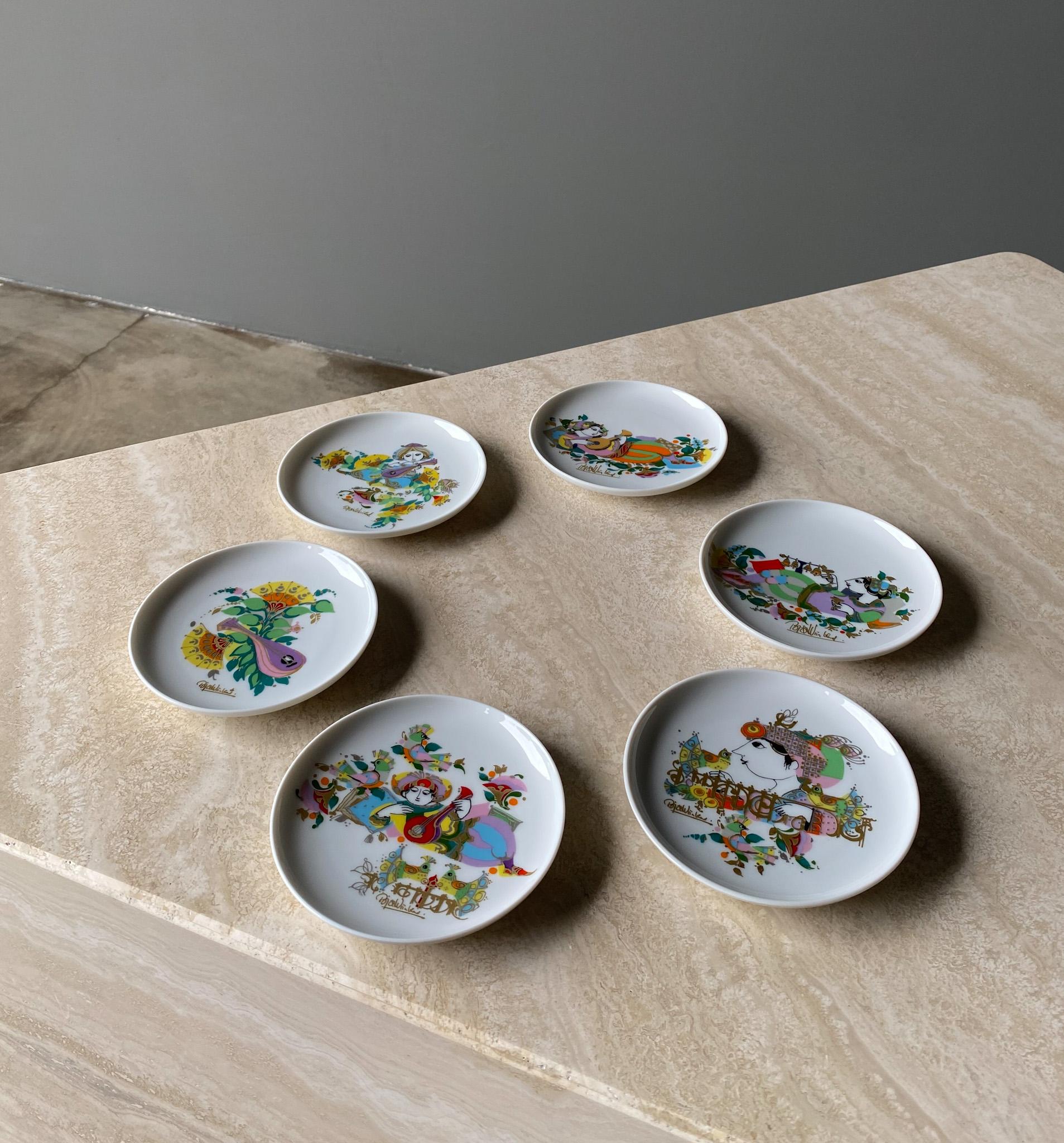 Ceramic Set of 6 Hand Painted Dishes by Bjorn Winblad for Rosenthal, 1970s For Sale