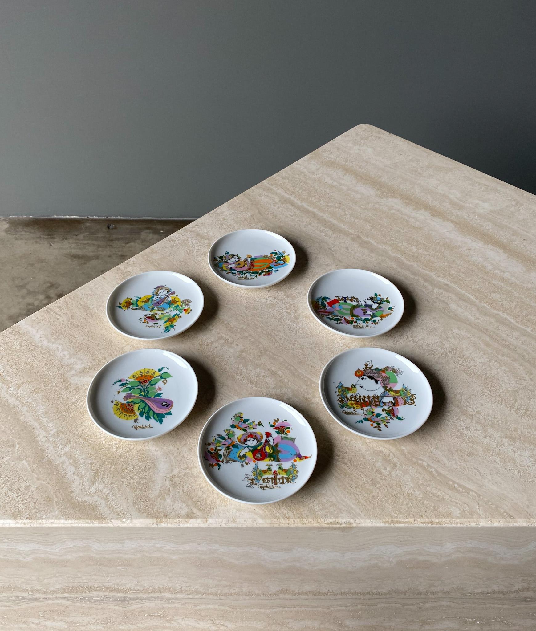 Set of 6 Hand Painted Dishes by Bjorn Winblad for Rosenthal, 1970s For Sale 1
