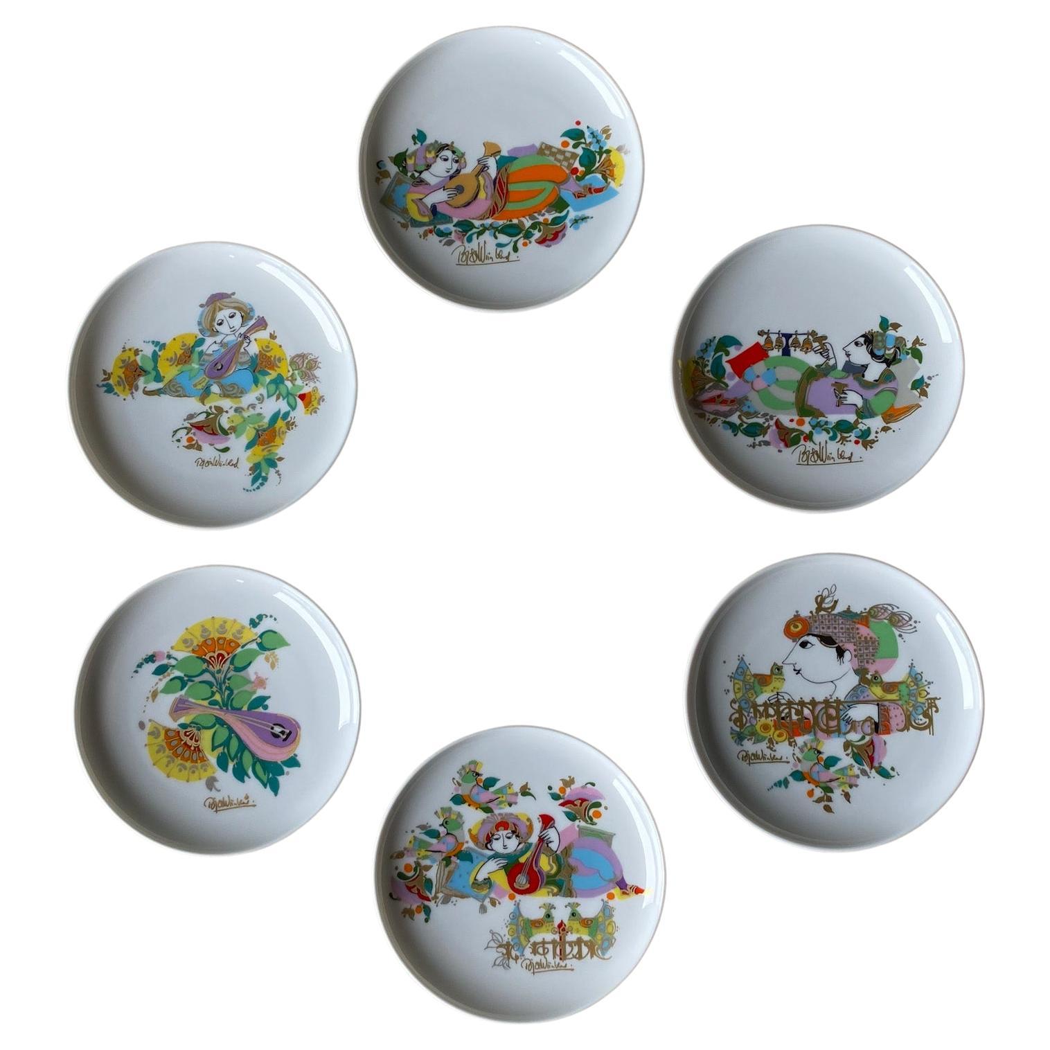 Set of 6 Hand Painted Dishes by Bjorn Winblad for Rosenthal, 1970s For Sale