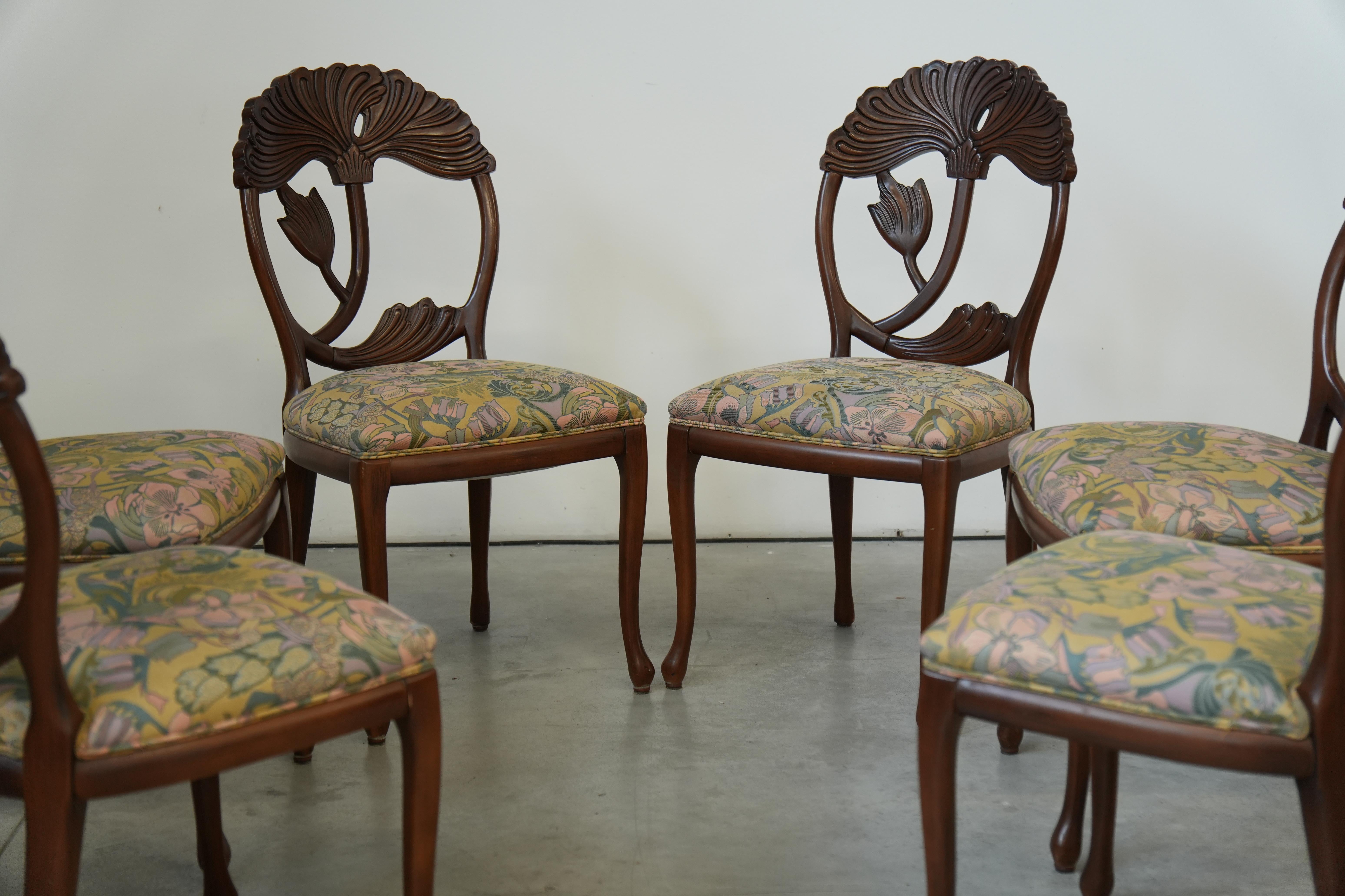 Set of 6 Hand‑Carved Art Nouveau Revival Dining Chairs with Floral Seats in vendita 4