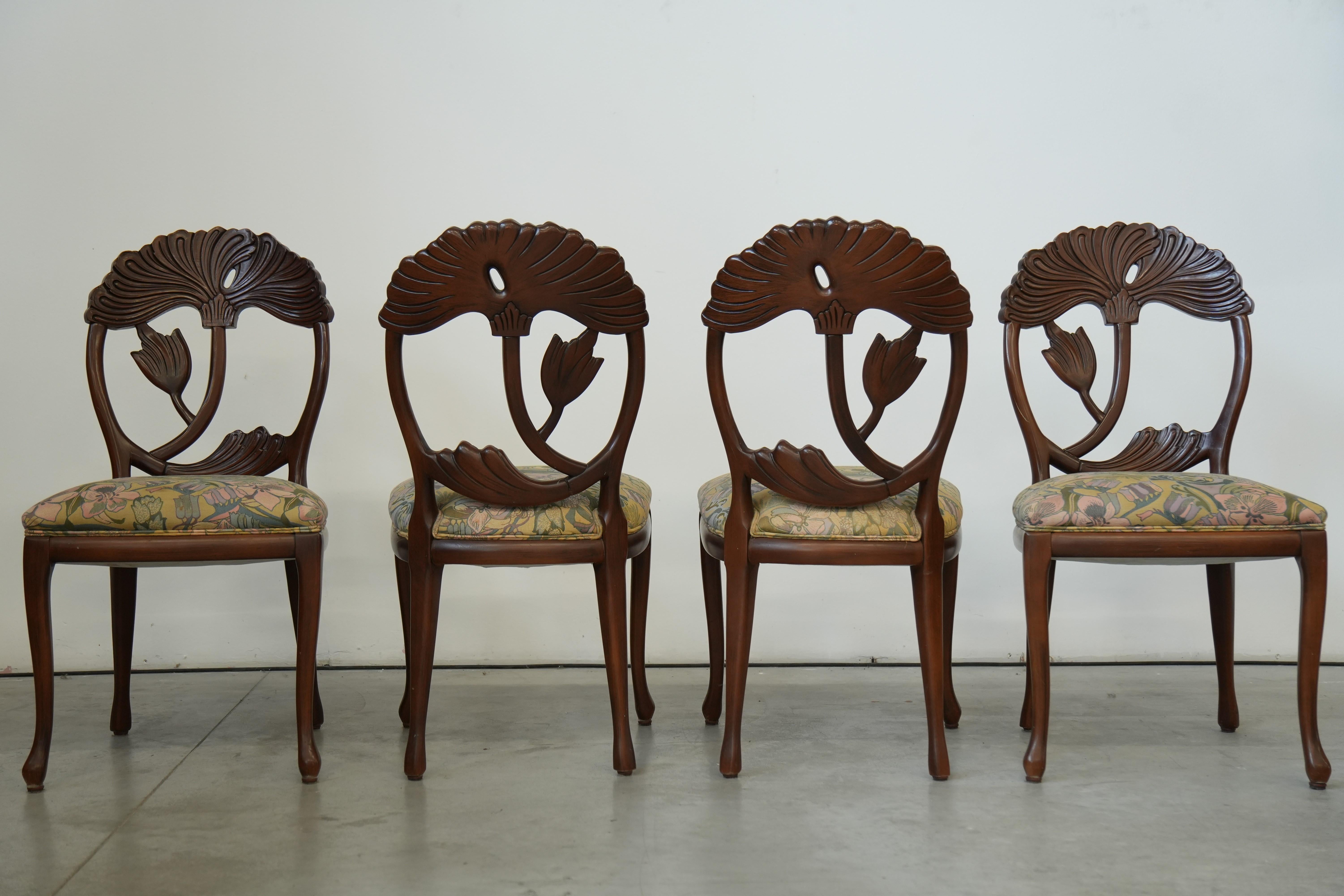 Set of 6 Hand‑Carved Art Nouveau Revival Dining Chairs with Floral Seats in vendita 6