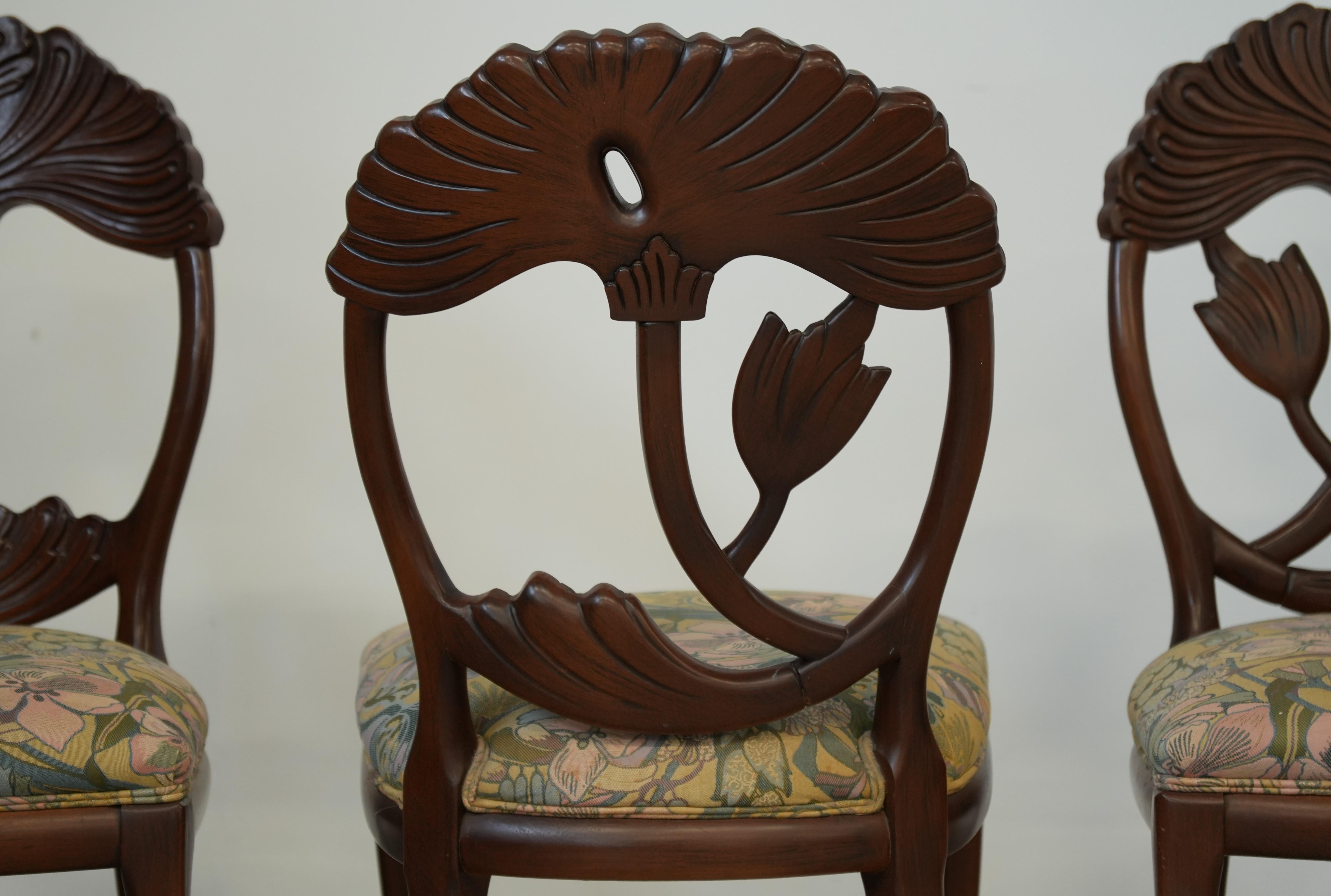 Set of 6 Hand‑Carved Art Nouveau Revival Dining Chairs with Floral Seats in vendita 7