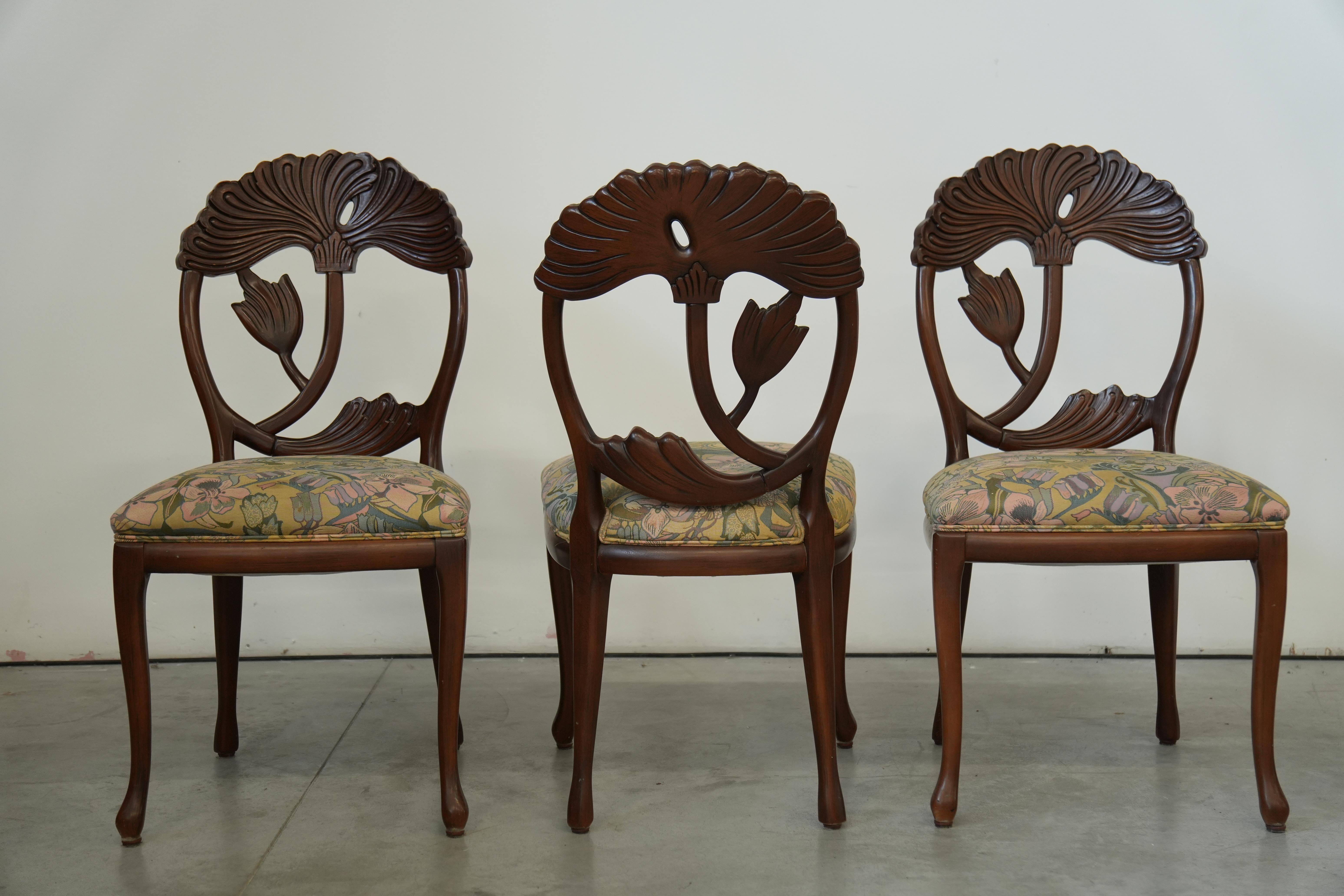 Set of 6 Hand‑Carved Art Nouveau Revival Dining Chairs with Floral Seats in vendita 8