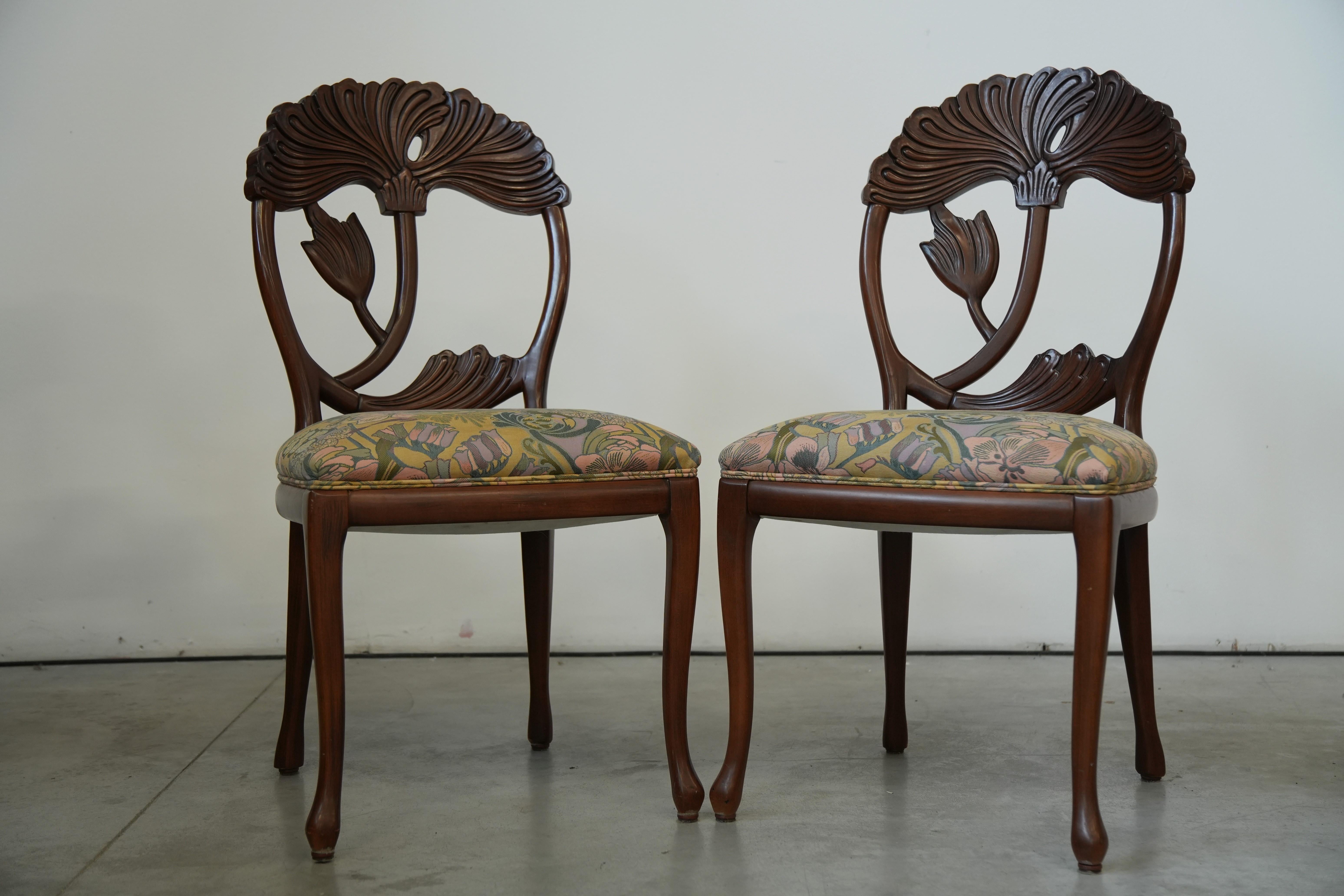 Legno Set of 6 Hand‑Carved Art Nouveau Revival Dining Chairs with Floral Seats in vendita