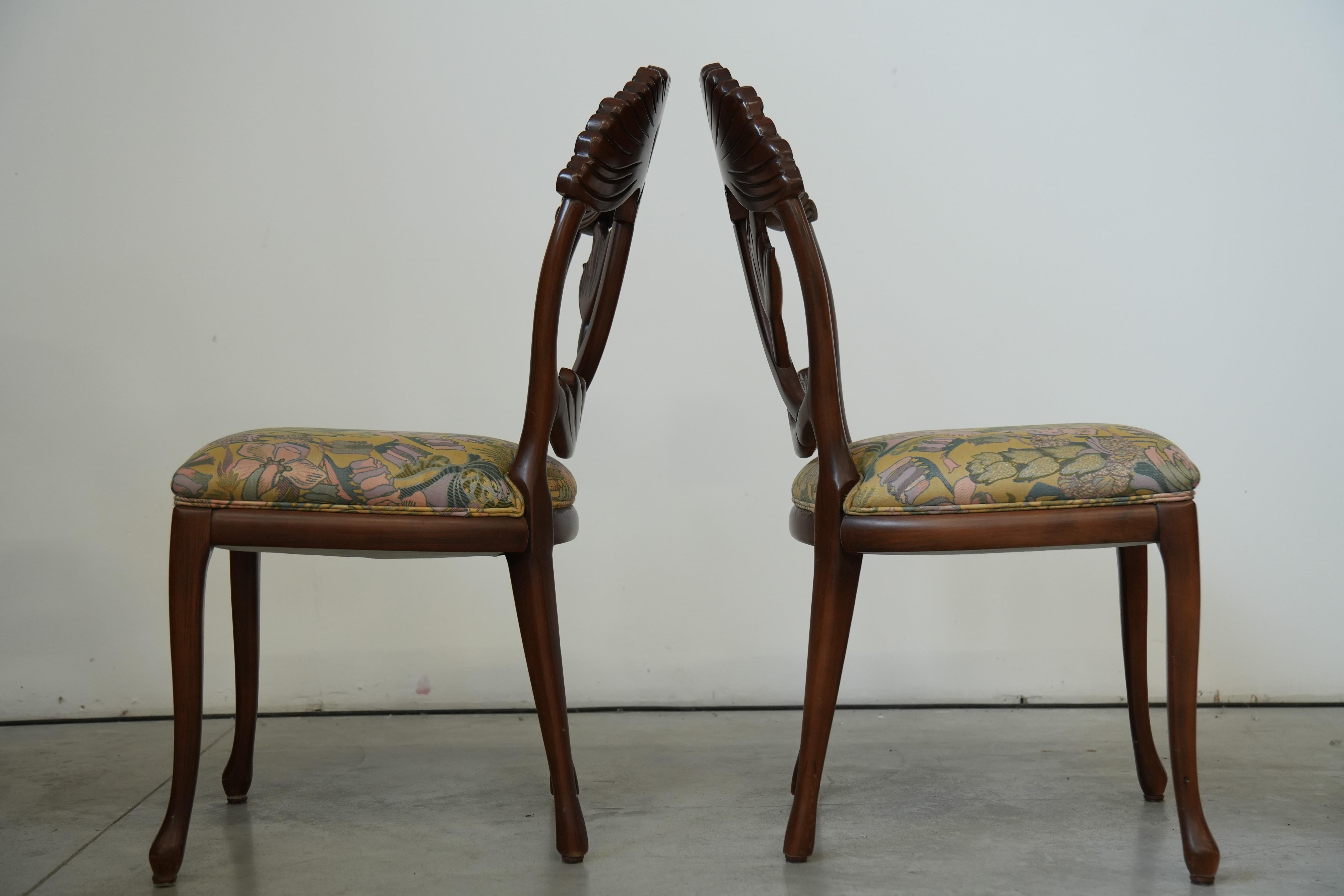 Set of 6 Hand‑Carved Art Nouveau Revival Dining Chairs with Floral Seats in vendita 1
