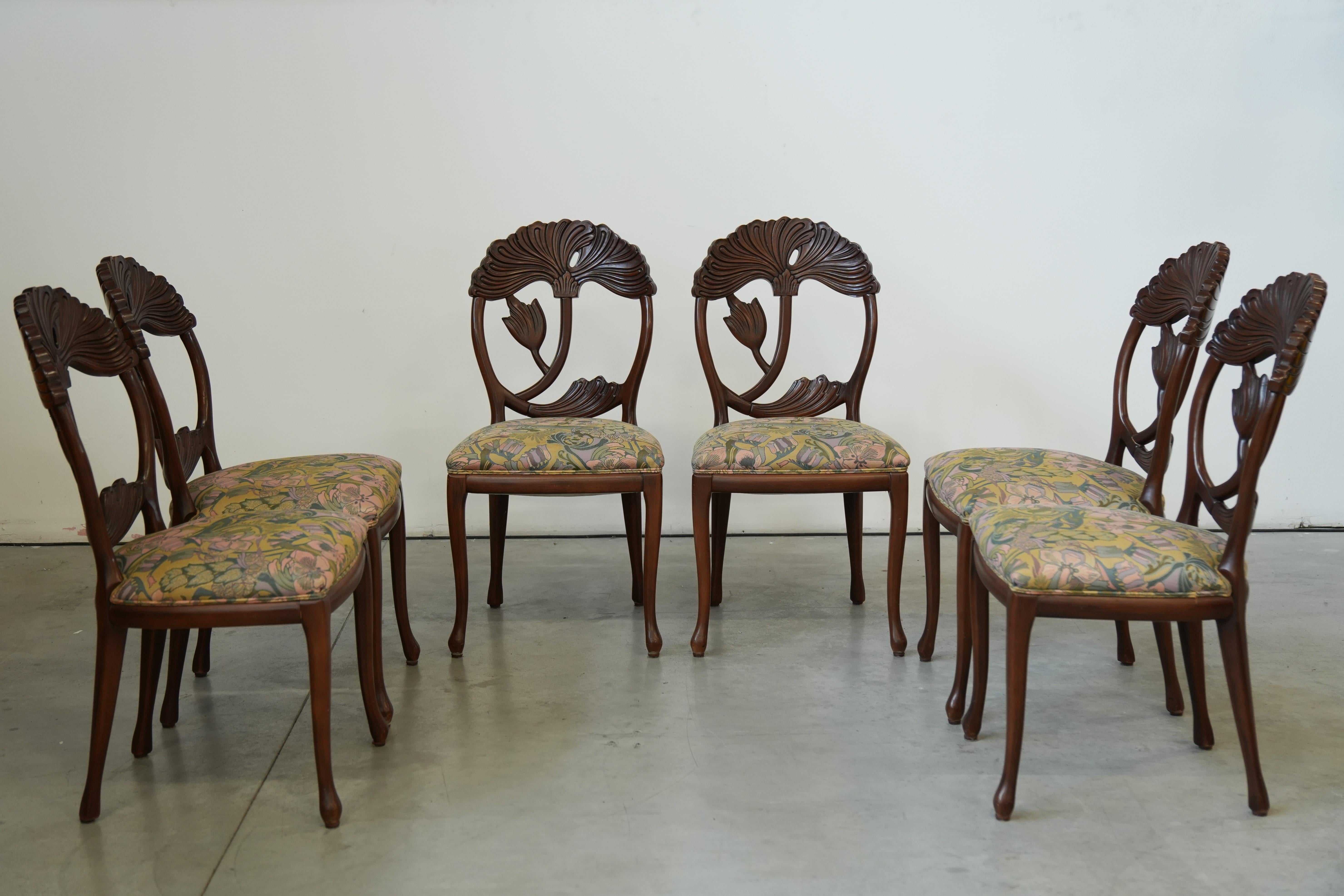 Set of 6 Hand‑Carved Art Nouveau Revival Dining Chairs with Floral Seats in vendita 3