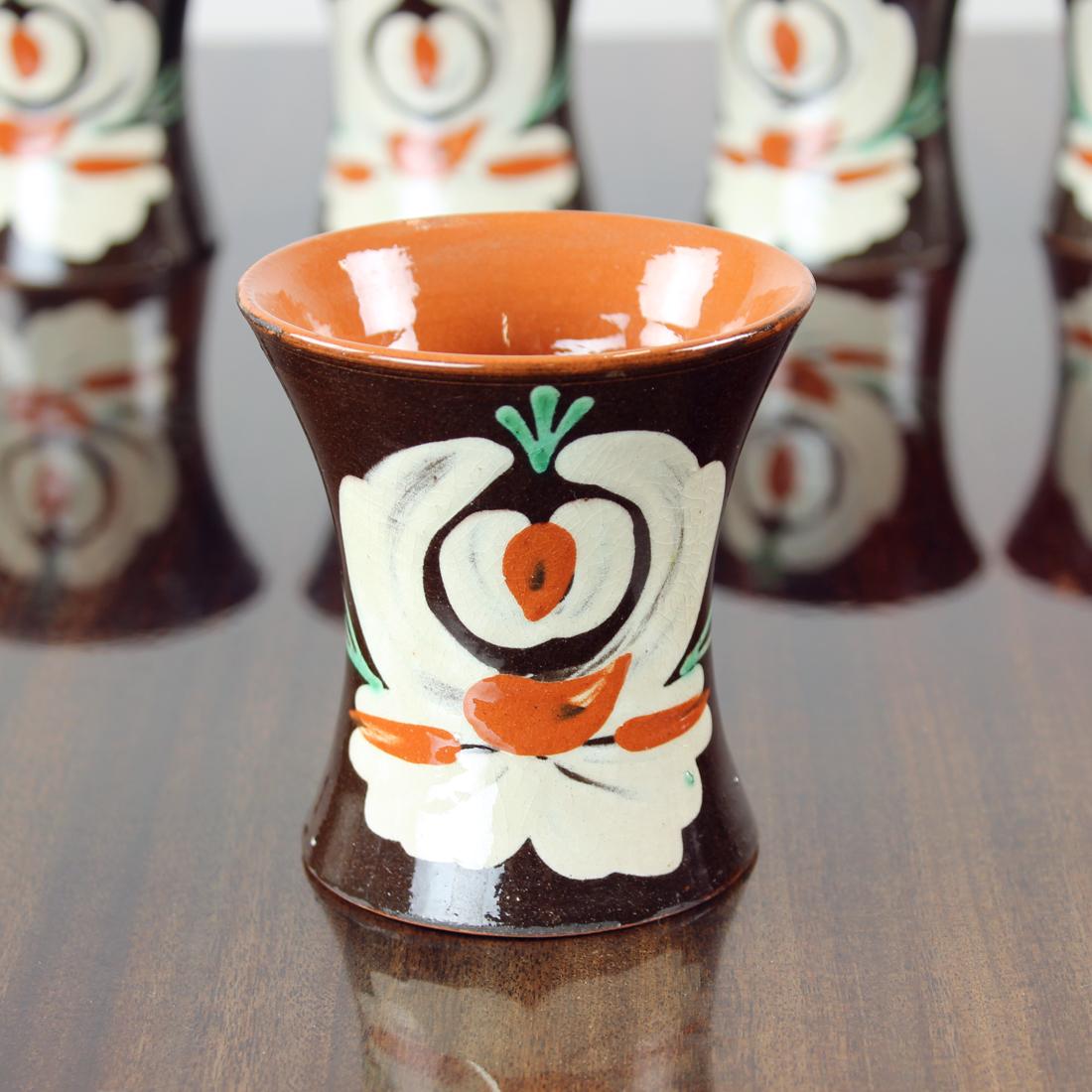 Glazed Set of 6 Handmade Vintage Cups, Pozdisovce Czechoslovakia, 1950s For Sale
