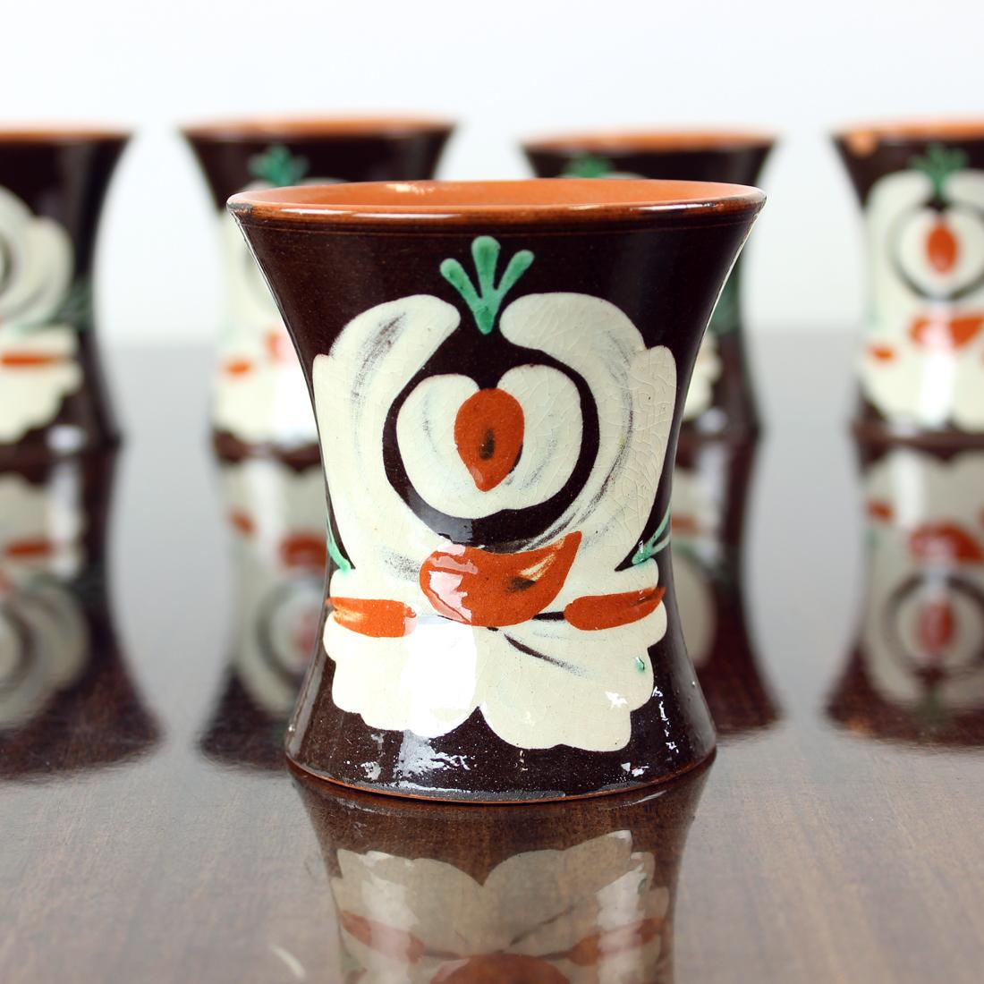 Ceramic Set of 6 Handmade Vintage Cups, Pozdisovce Czechoslovakia, 1950s For Sale