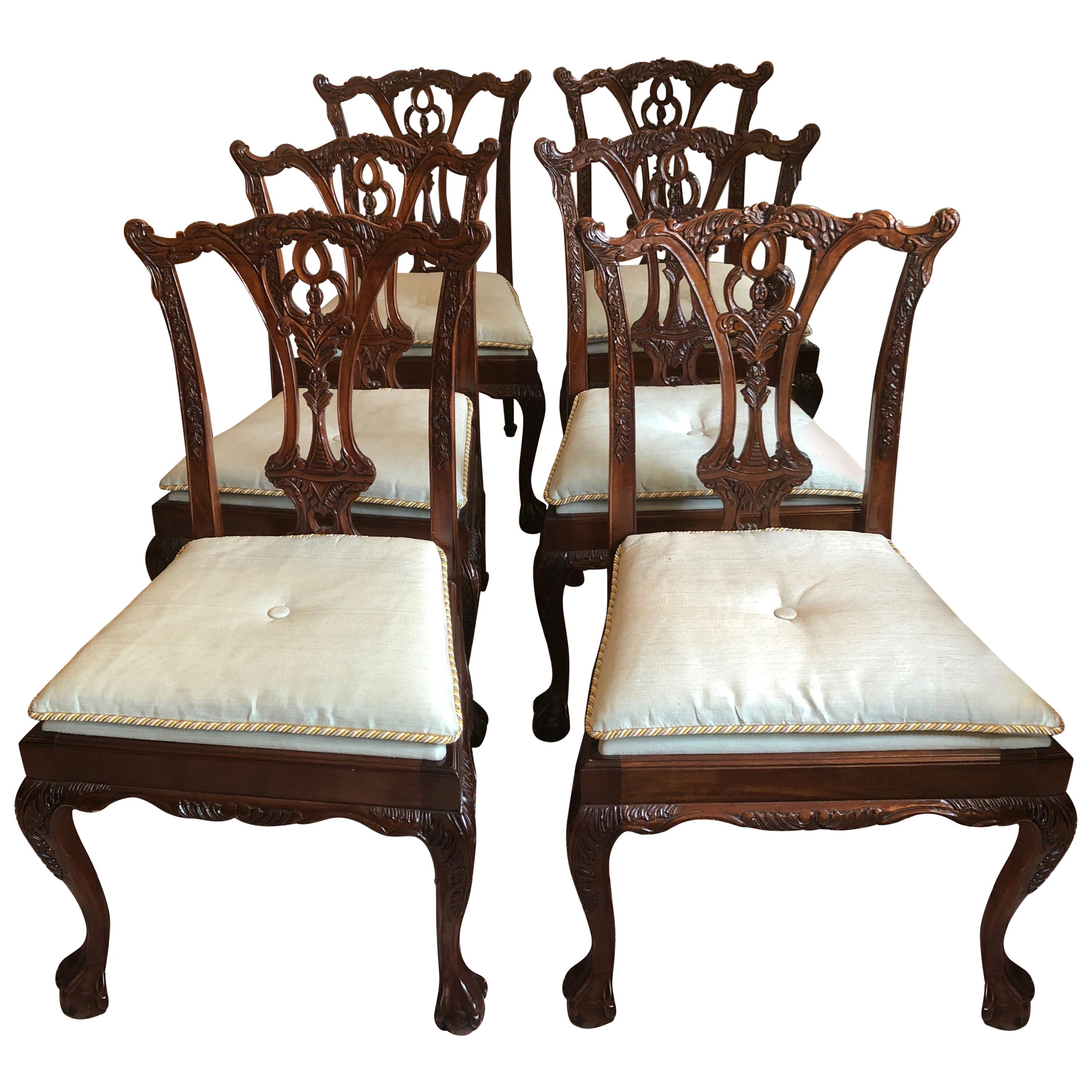 Set of 6 Handsome Chippendale Style Dining Side Chairs