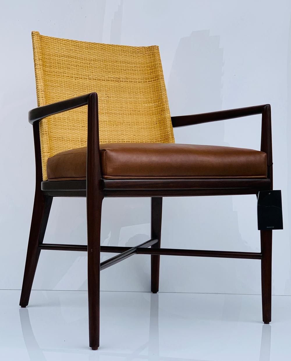 Set of 6 Hanover armchairs designed and manufactured by Palacek and made in 2018, new with tags.

The chairs are made of solid wood, with leather seats and hand woven cane backs.

Measurements:
34 inches high x 24 inches wide by 24 inches deep