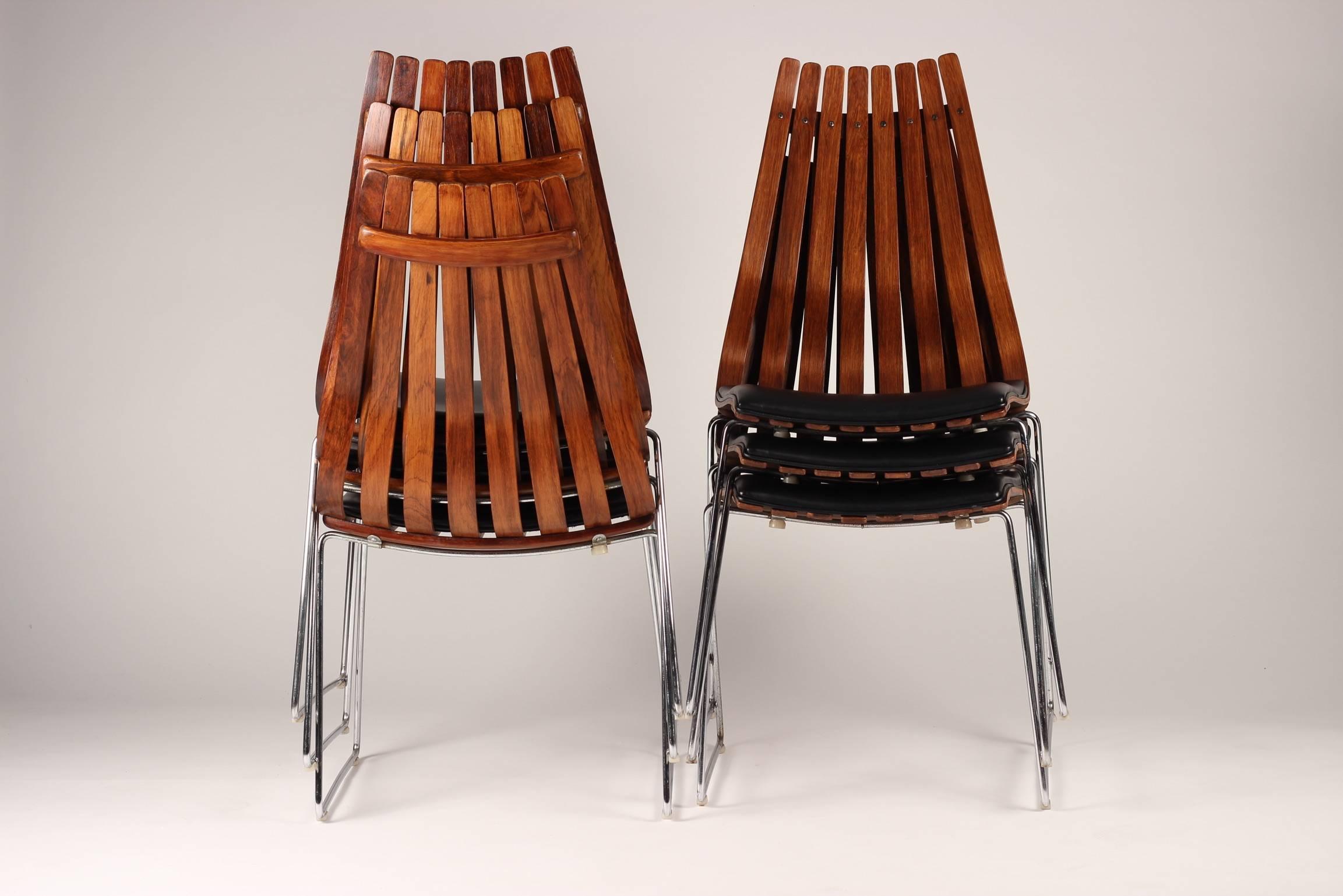 Leather Scandinavian Modern Rosewood Dining Chairs by Hans Brattrud, set of Six. For Sale