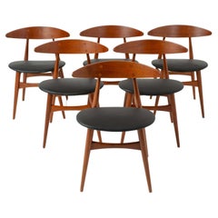 Set of 6 Hans Wegner for Carl Hansen & Son CH33 Chairs in Teak and Black Leather