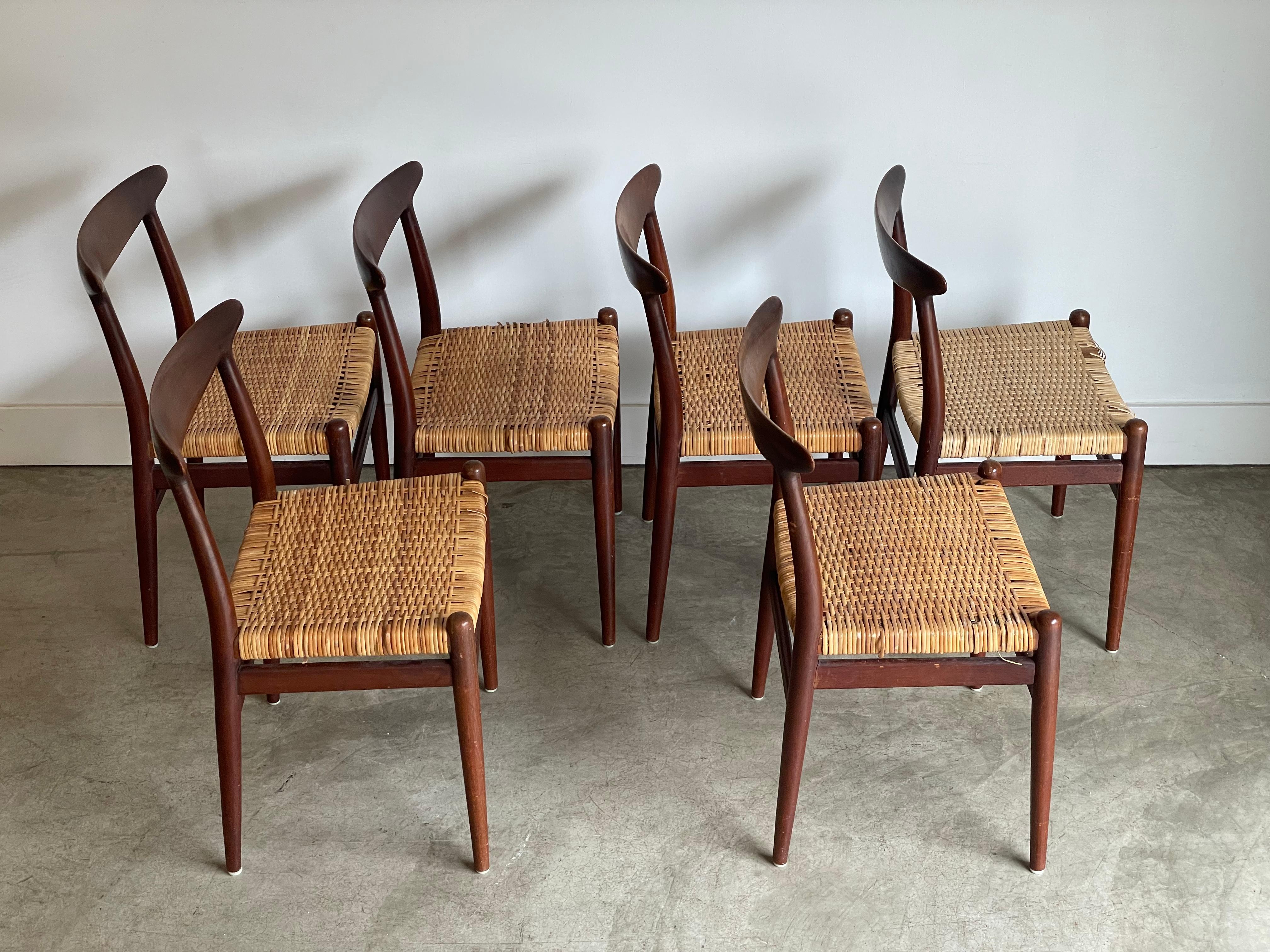 Teak Set of 6 Hans Wegner W2 Dining Chairs For Sale