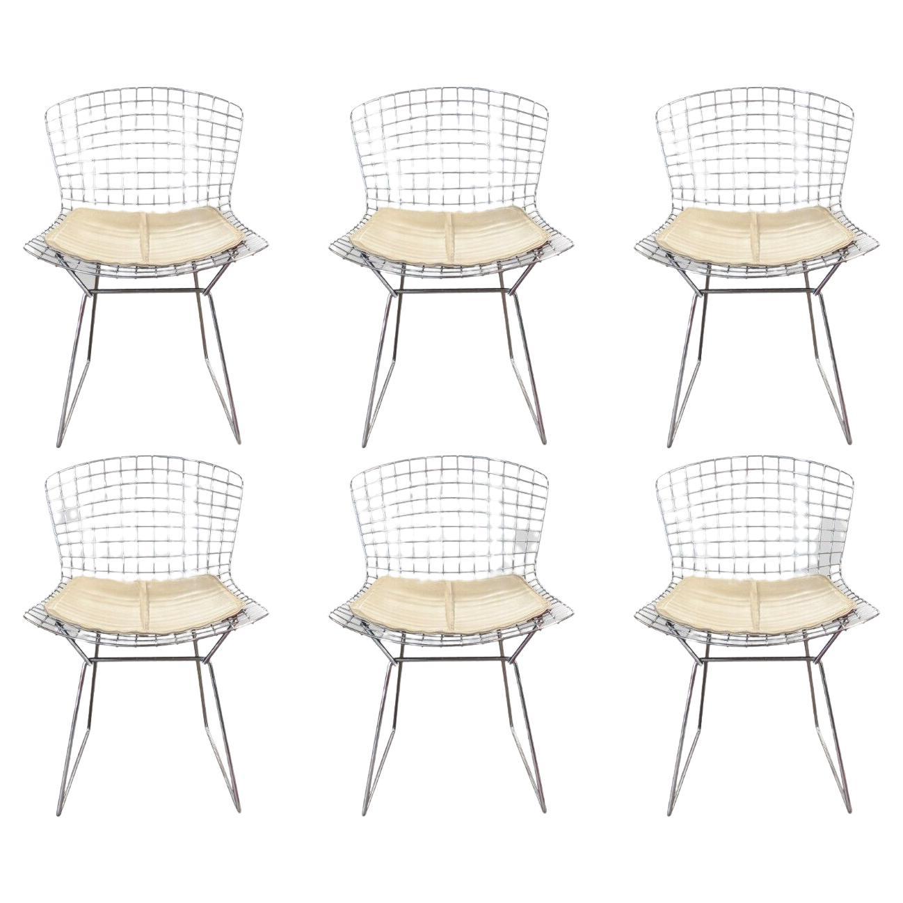 Set of 6 Harry Bertoia for Knoll Wire Side Chairs Tan Leather Mid Century Modern For Sale