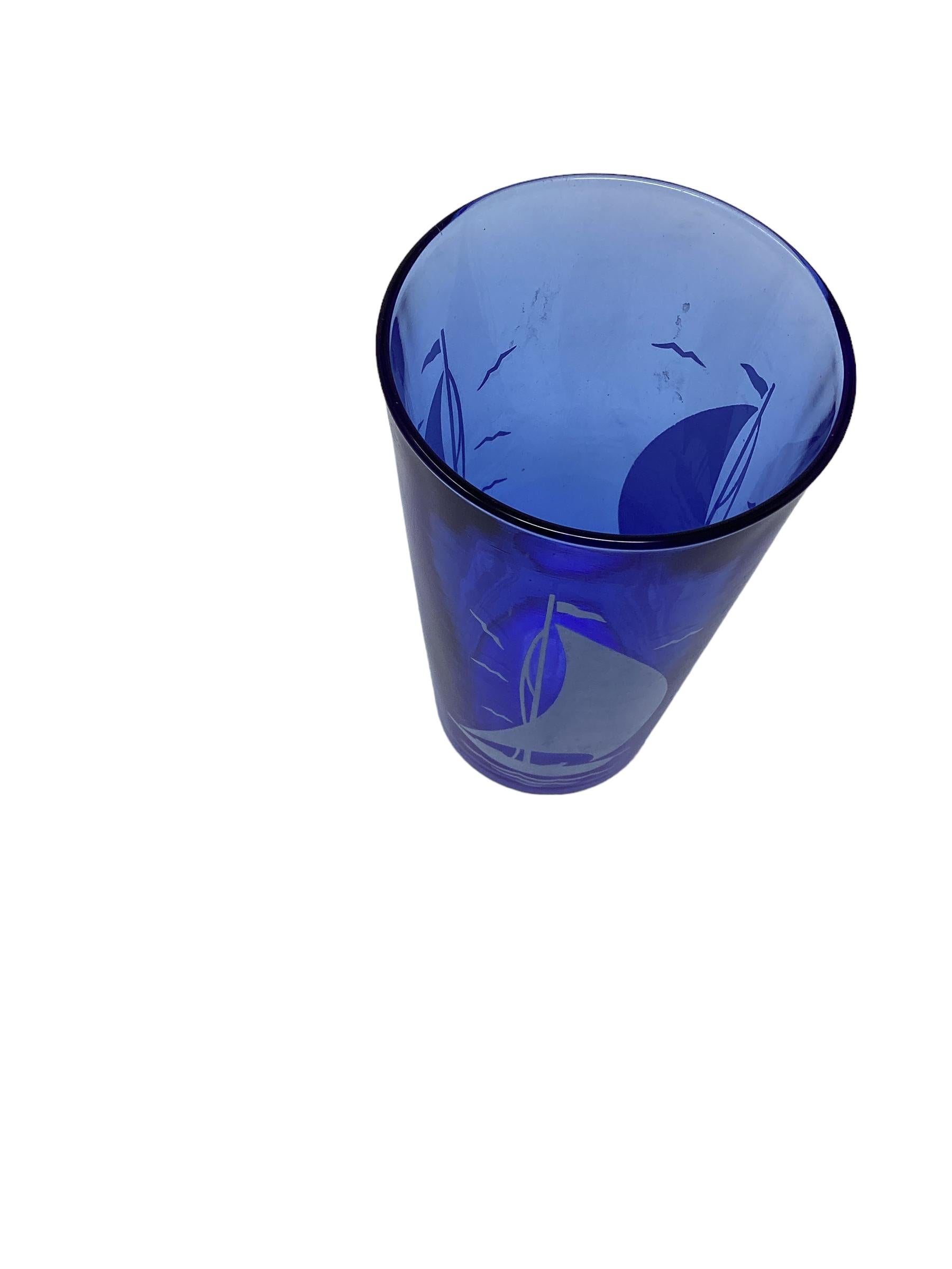 Hazel Atlas Sportsman Series Cobalt Blue with White Sailboat Tumblers. This was one Hazel-Atlas most popular designs in their Sportsman Series, which also had show dogs. We have a few sets available including pitchers, cups and ice buckets.