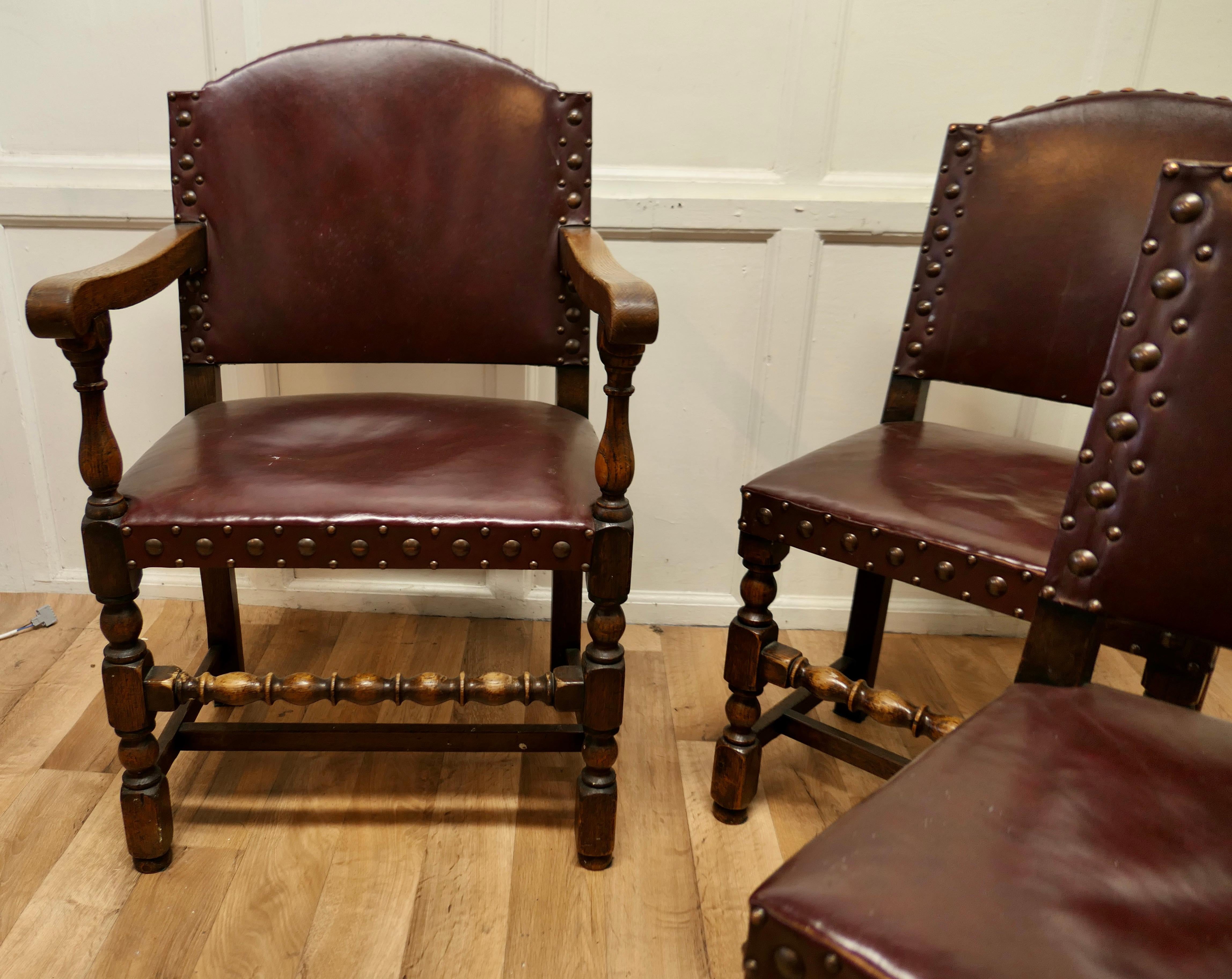 Set of 6 Heavy Arts and Crafts Gothic oak and leather dining or boardroom chairs

A very good quality set of arts & crafts oak dining chairs, including 2 carver chairs, they have stout turned legs and are very solid and sound, the backs and seats