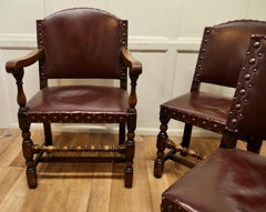 Set of 6 Heavy Arts and Crafts Gothic Oak and Leather Dining or Boardroom Chairs