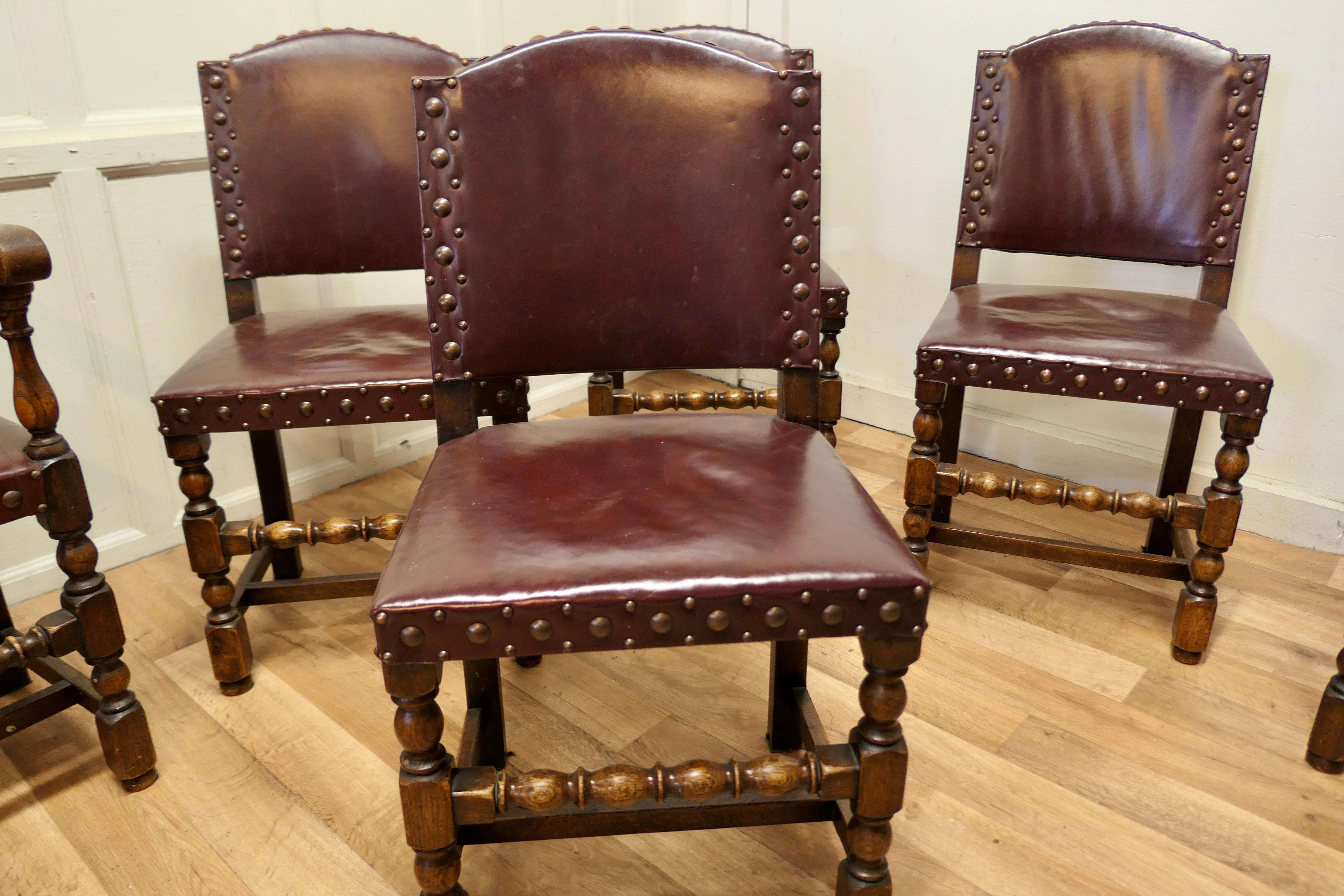Set of 6 Heavy Arts and Crafts Gothic Oak and Leather Dining or Boardroom Chairs In Good Condition In Chillerton, Isle of Wight