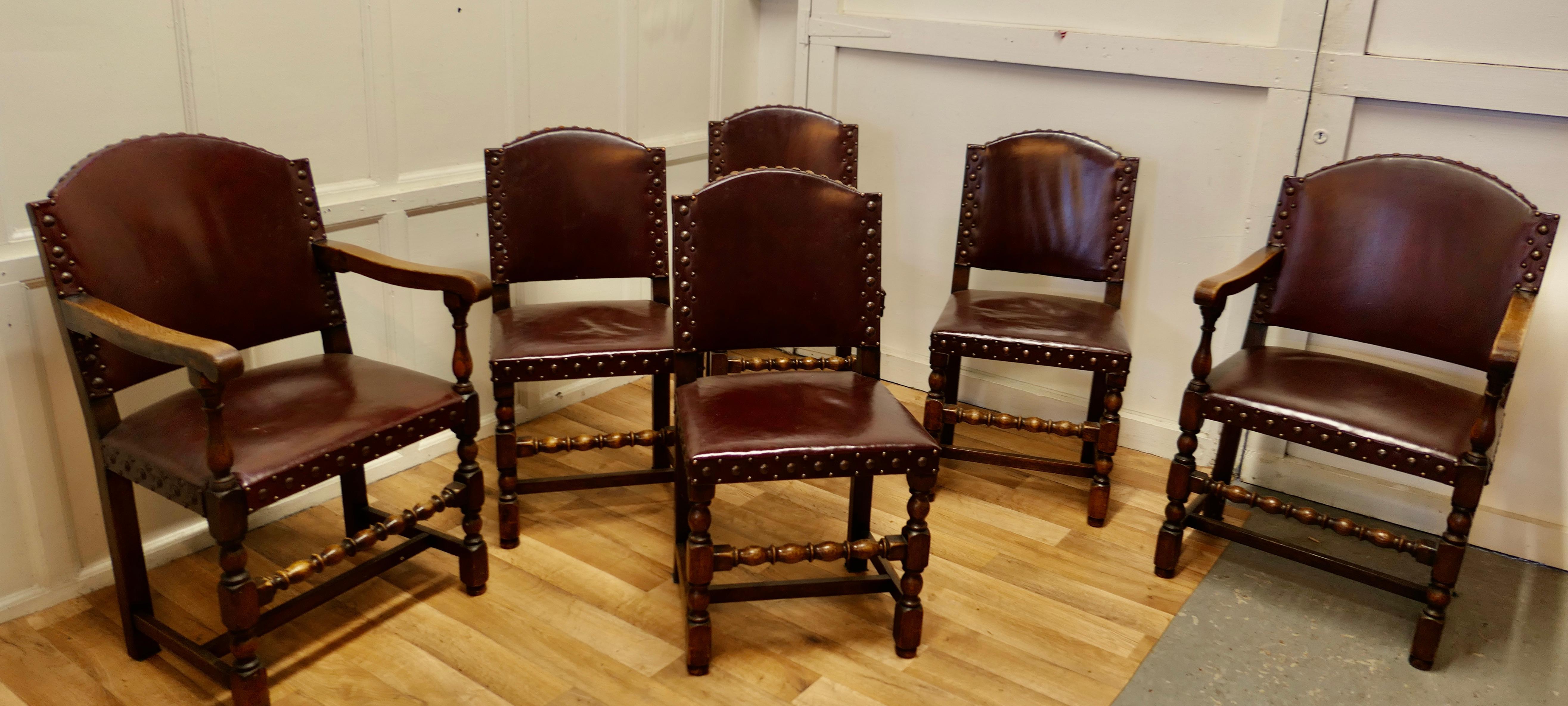 Set of 6 Heavy Arts and Crafts Gothic Oak and Leather Dining or Boardroom Chairs 3