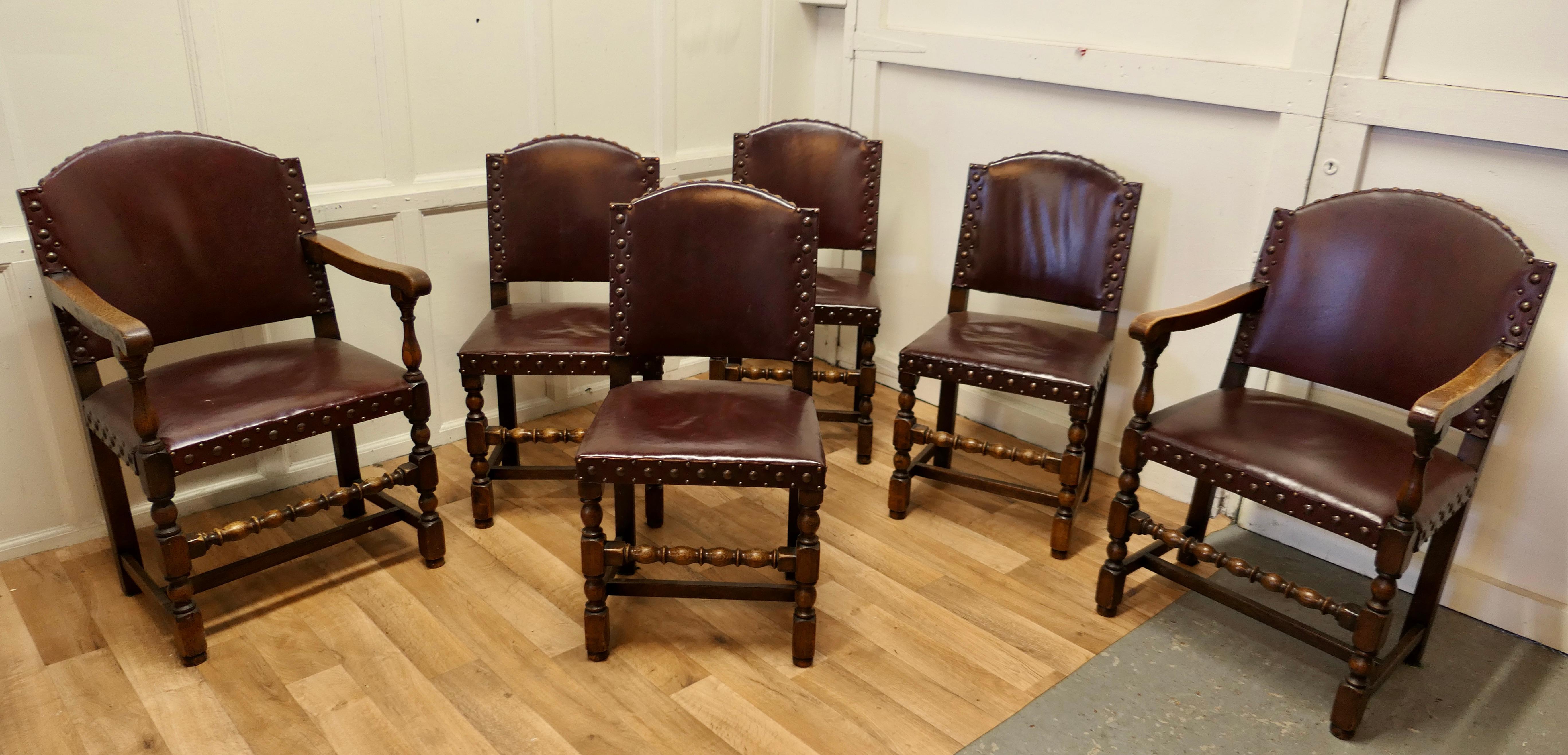 Set of 6 Heavy Arts and Crafts Gothic Oak and Leather Dining or Boardroom Chairs 4