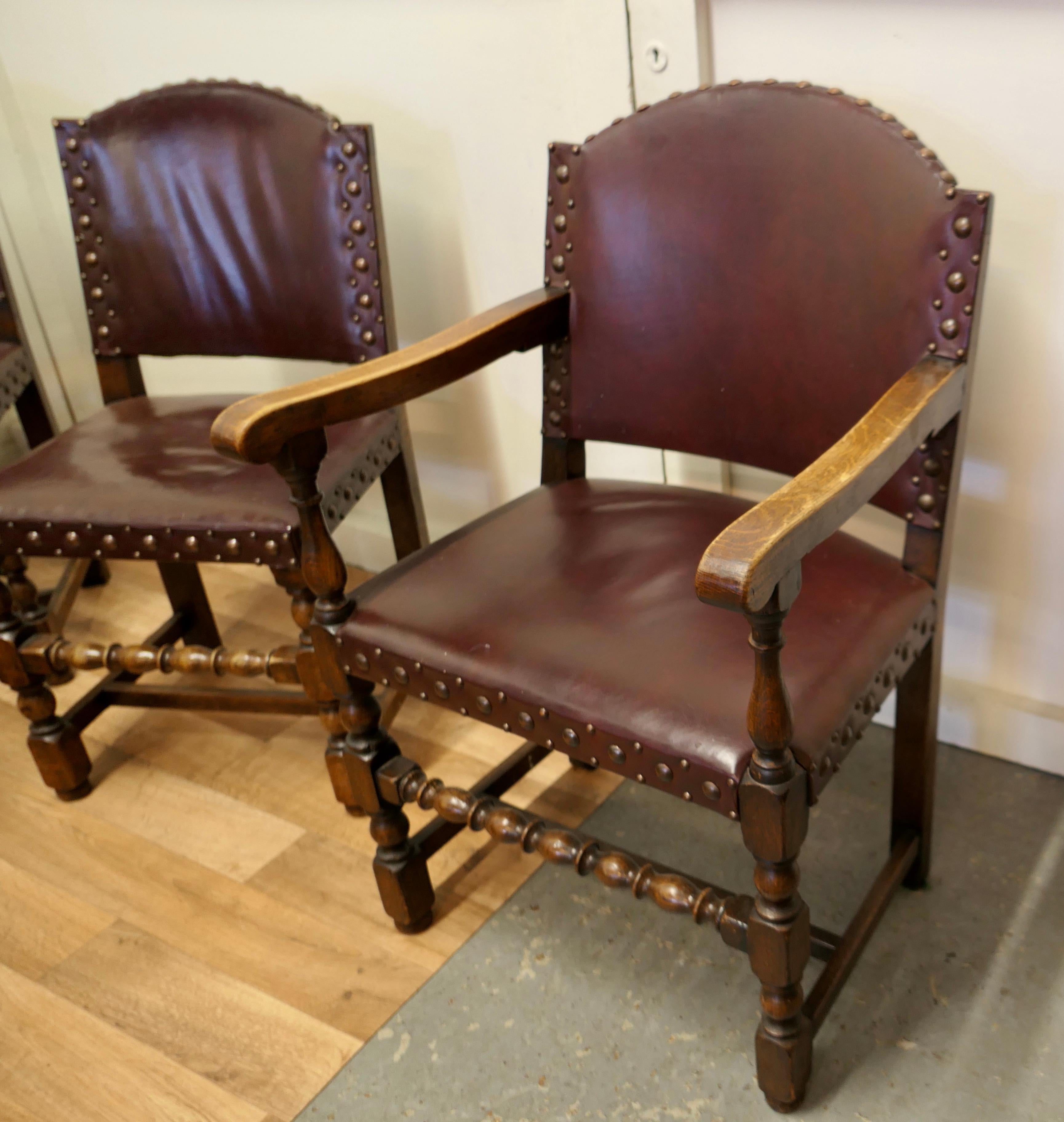 Set of 6 Heavy Arts and Crafts Gothic Oak and Leather Dining or Boardroom Chairs 5