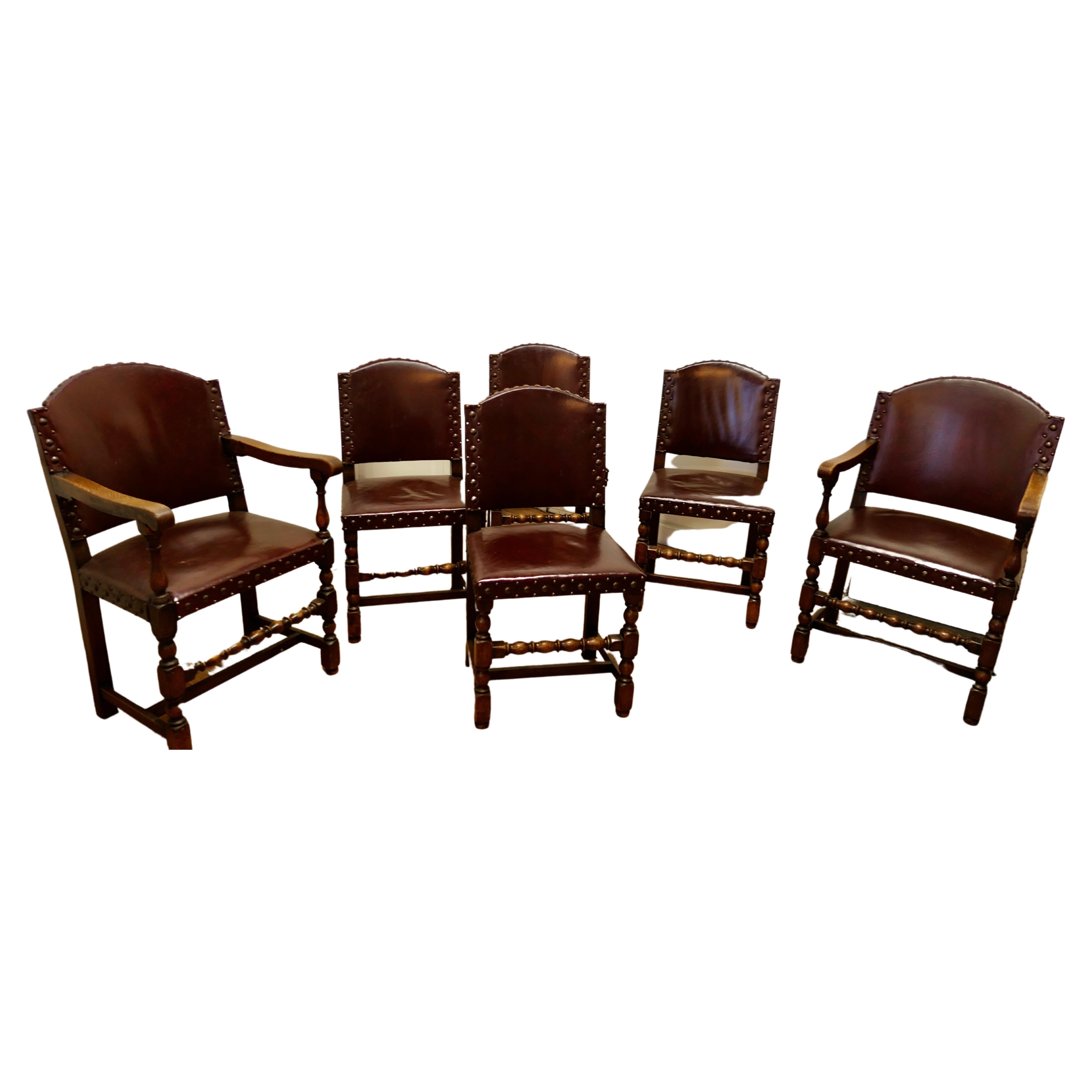 Set of 6 Heavy Arts and Crafts Gothic Oak and Leather Dining or Boardroom Chairs