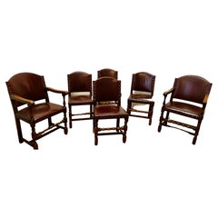 Set of 6 Heavy Arts and Crafts Gothic Oak and Leather Dining or Boardroom Chairs