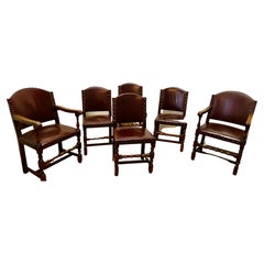 Used Set of 6 Heavy Arts and Crafts Gothic Oak and Leather Dining or Boardroom Chairs