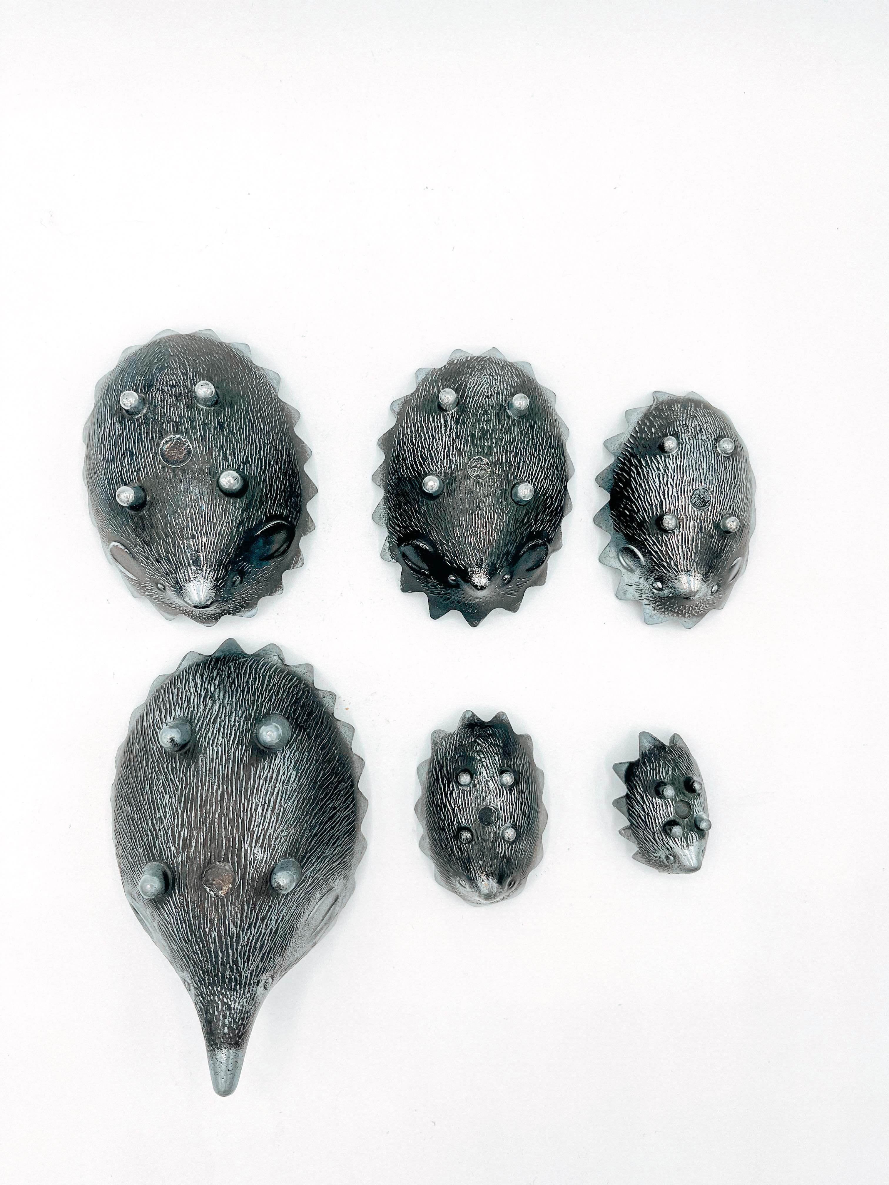 Blackened Set of 6 Hedgehog Sculptures Ashtray in the Manner of Walter Bosse Stackable