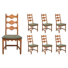 Set of 6 Henning Kjærnulf Dining Chairs in Oak and Pierre Frey Tweed, 1960s
