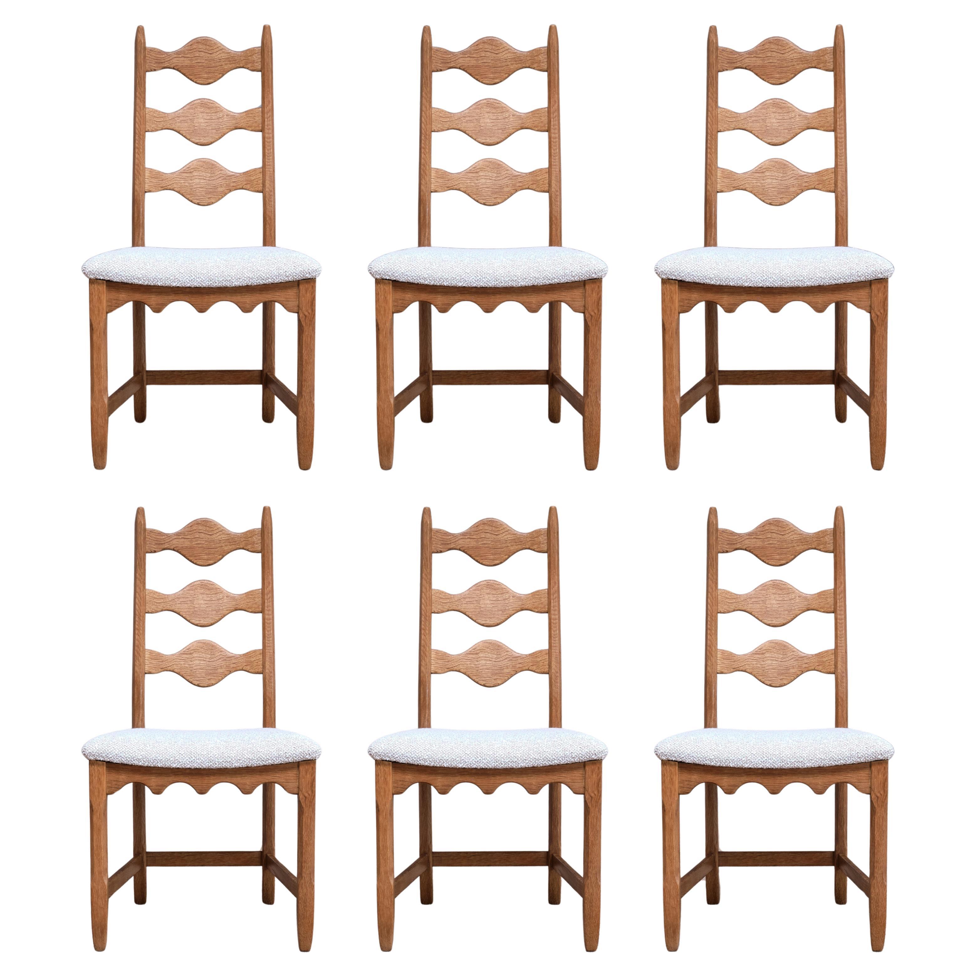 Set of 6 Henning Kjærnulf Dining Chairs, Oak and Rubelli Bouclé, Denmark, 1960s