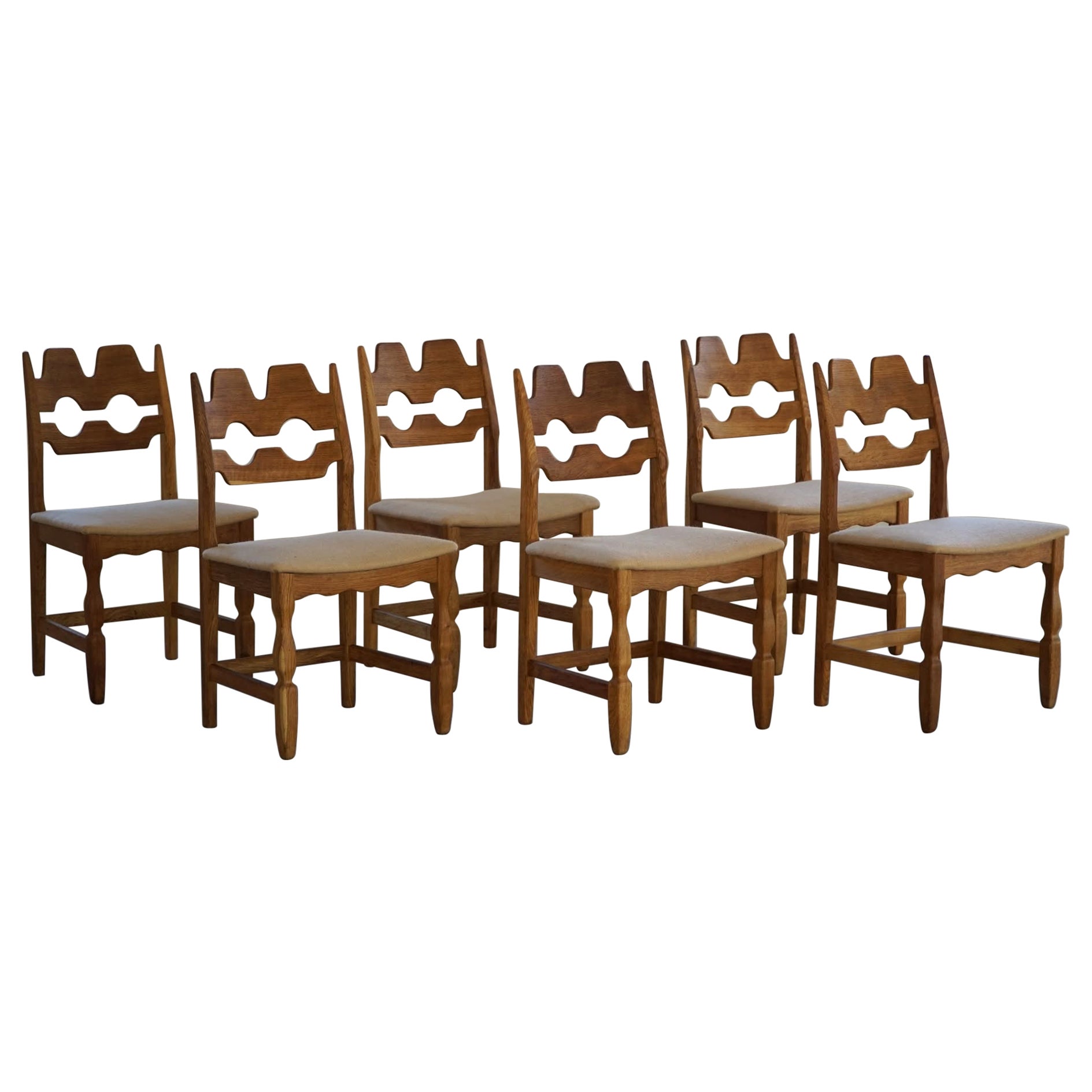 Set of 6 Henning Kjærnulf "Razorblade" Chairs in Oak & Hessian, 1960s