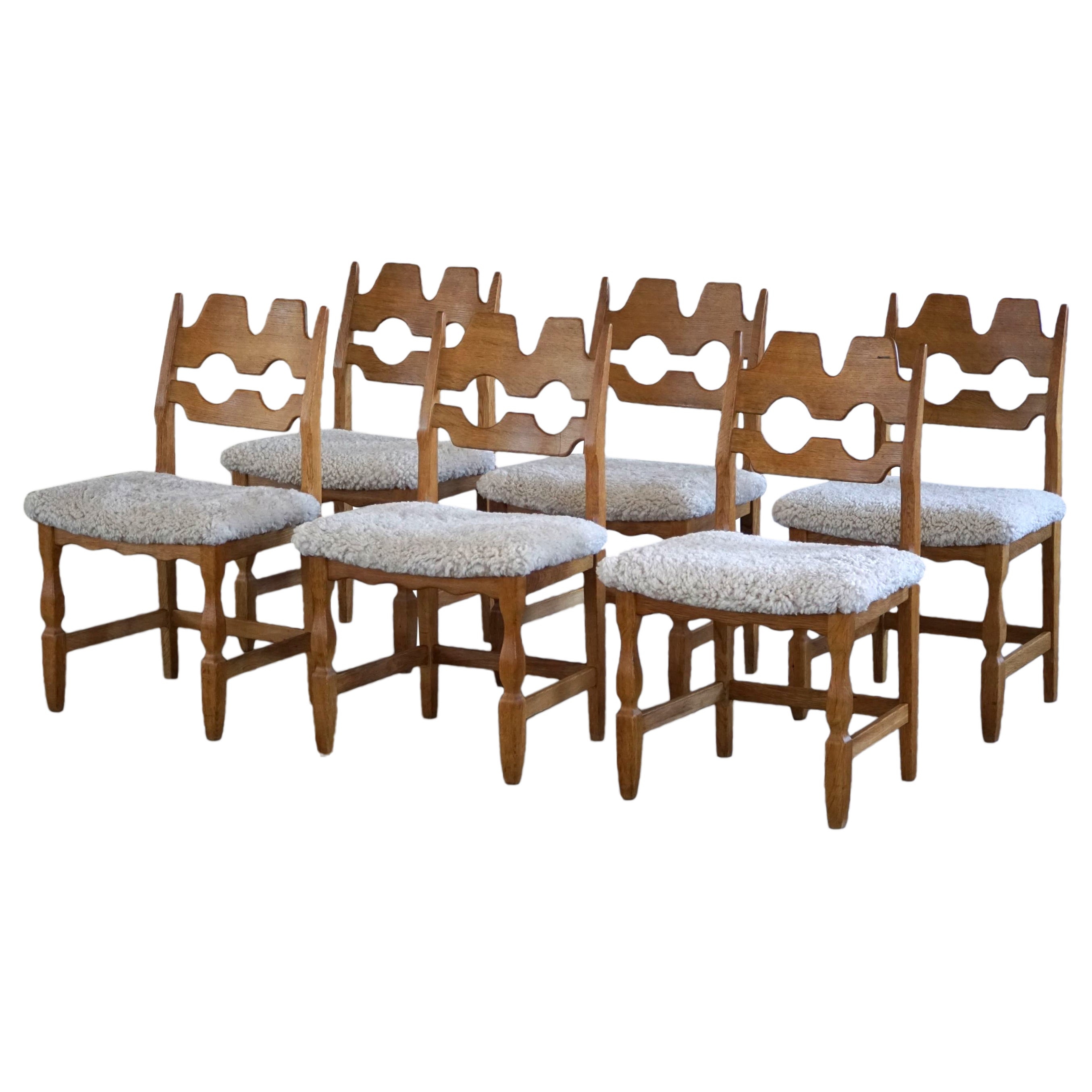 Set of 6 Henning Kjærnulf "Razorblade" Chairs in Oak 
Lambswool, 1960s